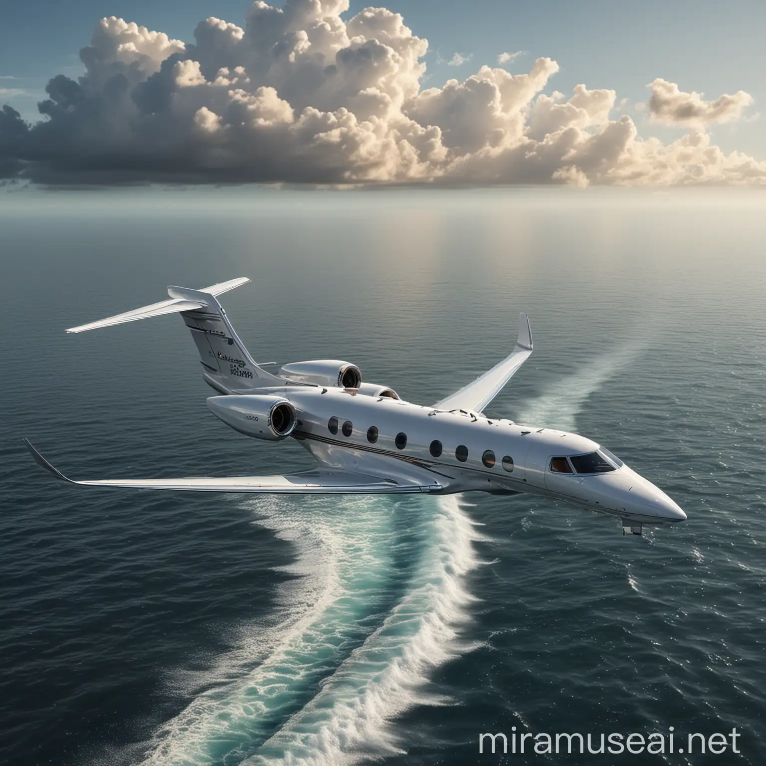 Realistic image of a gulfstream flying over the ocean
