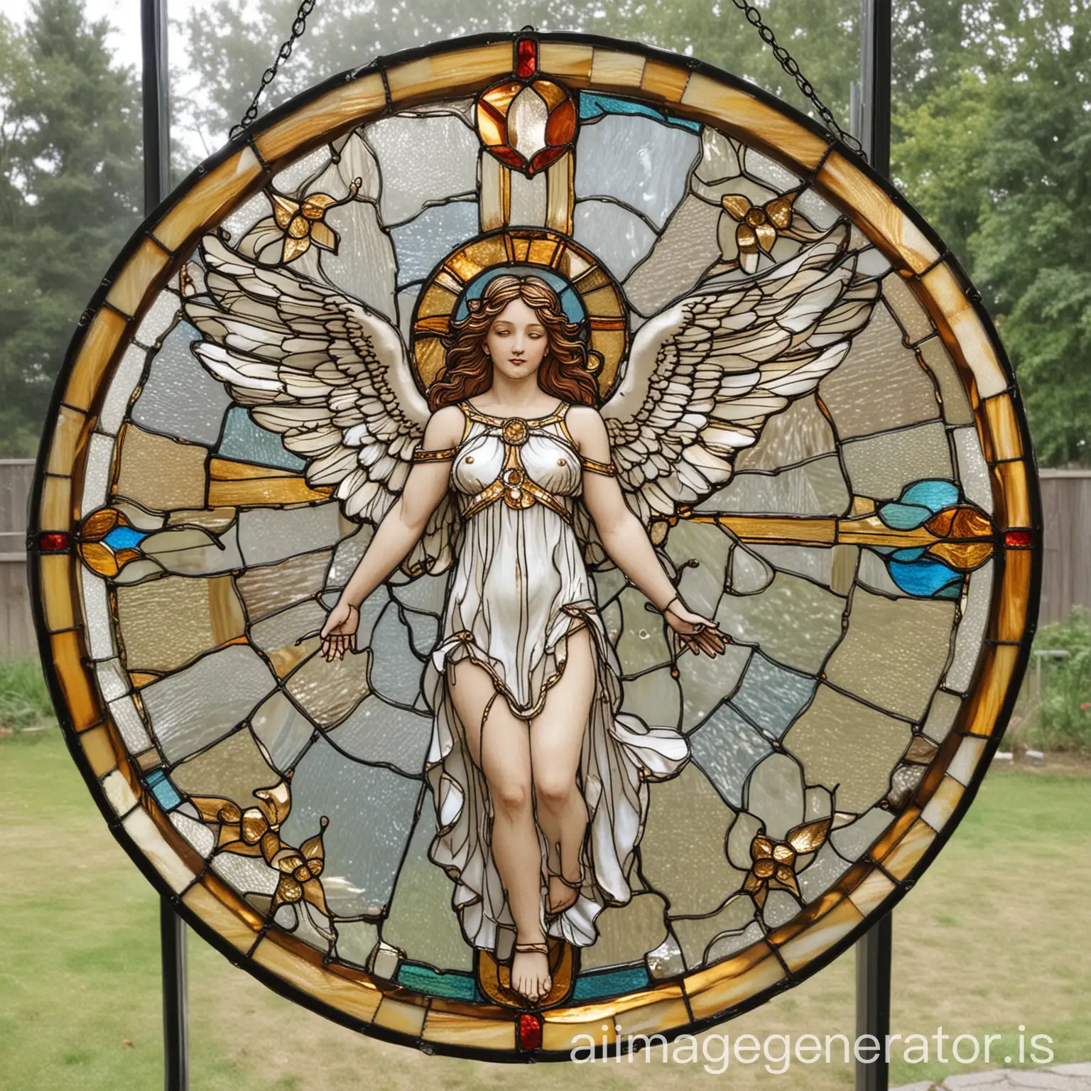 stained glass with beautiful multicolored an angel with an angel scantily clad in white and golden