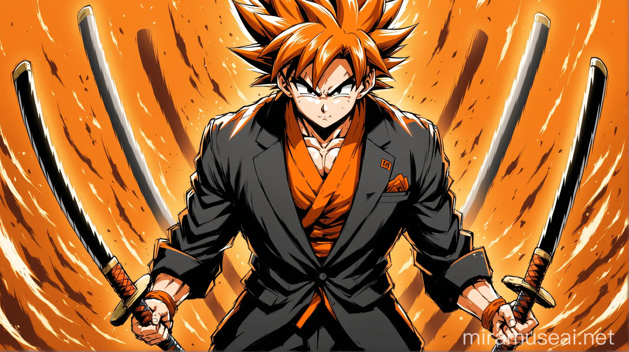 goku with orange haircut holding 2 katanas in a stylish fashion, orange-black theme, there are no colors besides orange and black, there is more black than orange, there are orange slashes behind goku, goku also wears a business suit