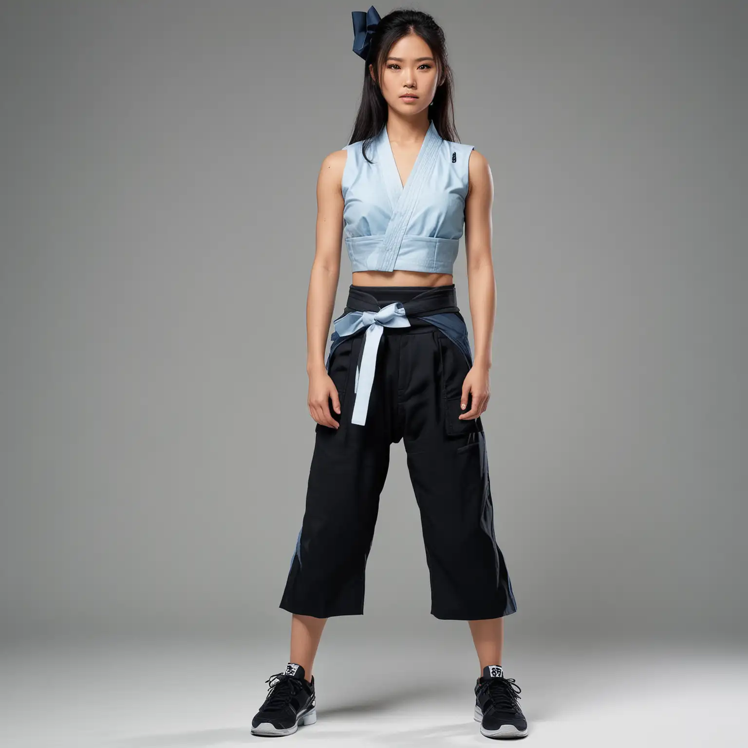 Standing full body view, strong toned beautiful Japanese supermodel in sleeveless, light-blue deep-cut croptop karate gi with black accents, black belt with giant bow, high-waisted tight black pants, black sneakers, sneakers, white background