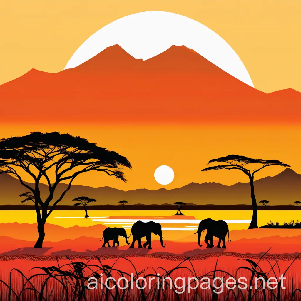 A serene African savannah during sunset. The sky is coloured in orange and red shades, the sun is setting behind a large mountain range. Two elephants stand in the foreground, with giraffes visible on the right. The landscape is dotted with acacia trees, typical of the African plains. A distant silhouette of hills or mountains can be seen on the horizon. The overall atmosphere of the image is calm, conveying the essence of nature's beauty in the African wilderness.

n), Coloring Page, black and white, line art, white background, Simplicity, Ample White Space. The background of the coloring page is plain white to make it easy for young children to color within the lines. The outlines of all the subjects are easy to distinguish, making it simple for kids to color without too much difficulty