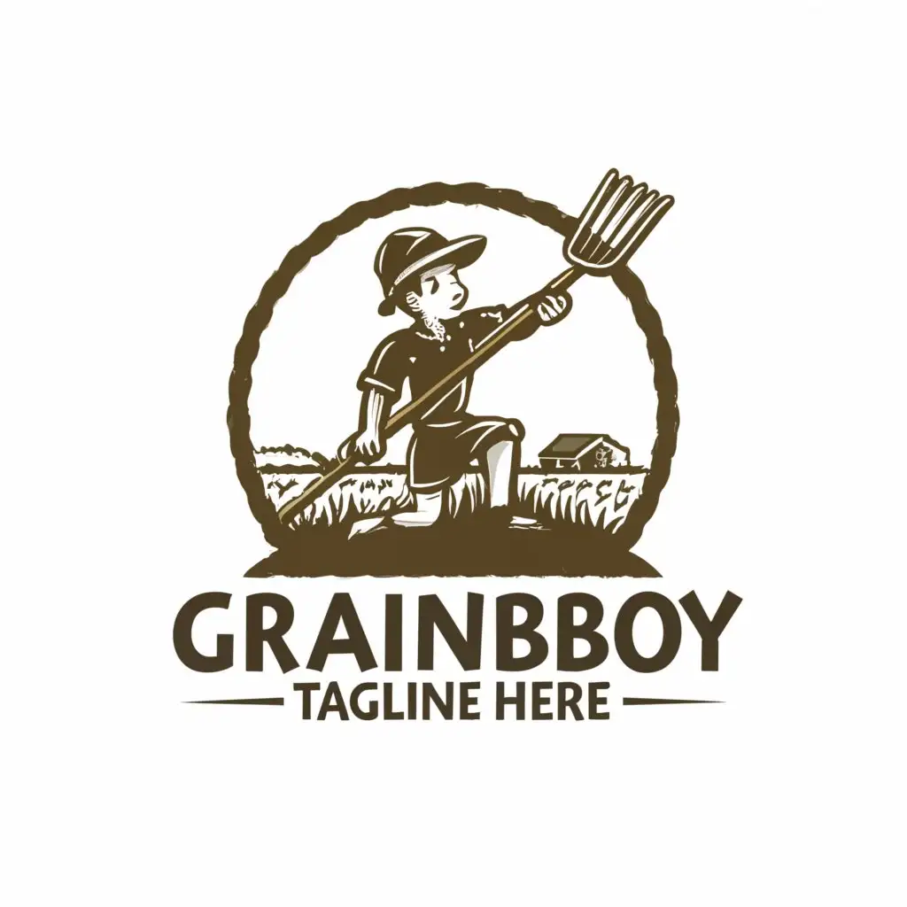 a logo design,with the text "Grainboy", main symbol:single color design - farmer boy with hoe working in the field,complex,clear background