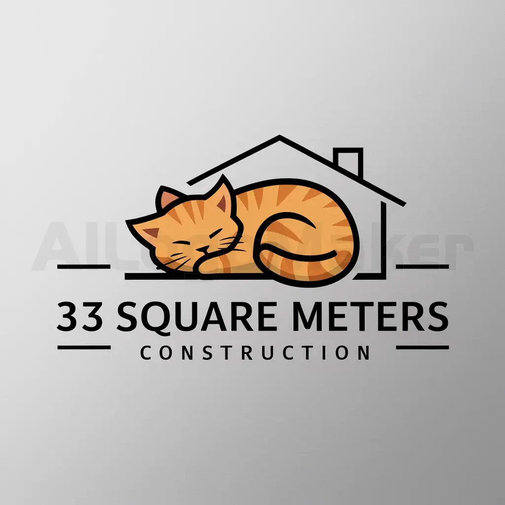 a logo design,with the text "33 square meters", main symbol:sleeping ginger cat, on the backdrop outline house,Moderate,be used in Construction industry,clear background
