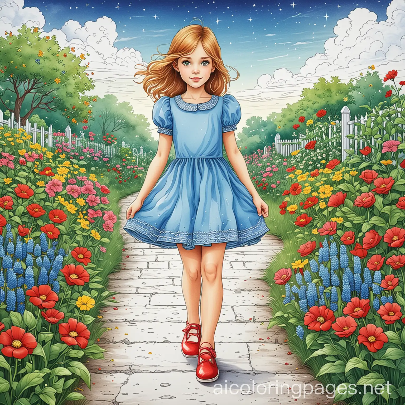 A beautiful girl wearing a blue dress and red shoes near a green garden with bright colorful flowers and a beautiful morning sky with stars shining in the sky, walking with steady steps.
, Coloring Page, black and white, line art, white background, Simplicity, Ample White Space. The background of the coloring page is plain white to make it easy for young children to color within the lines. The outlines of all the subjects are easy to distinguish, making it simple for kids to color without too much difficulty