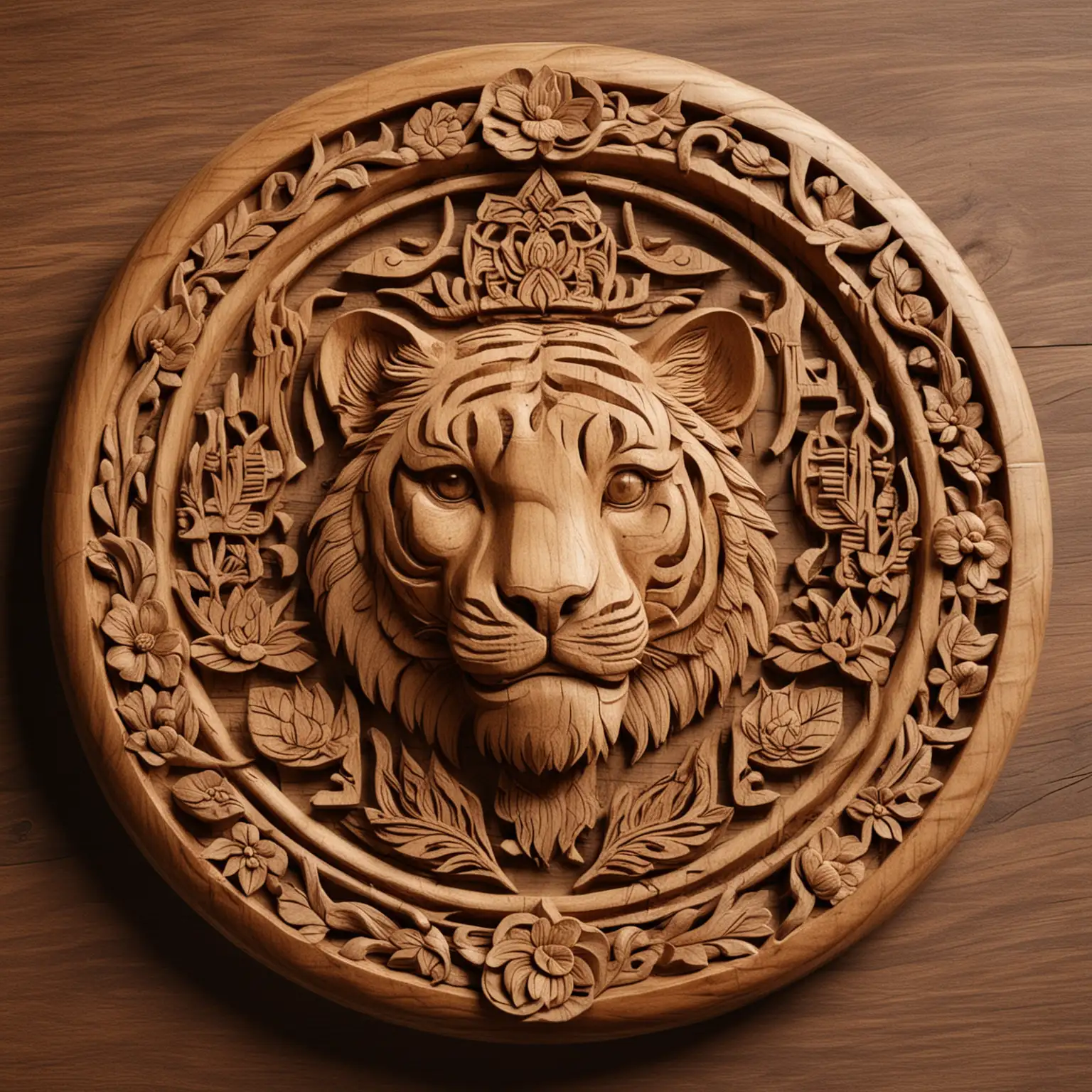 The ancient logo is a brown circle surrounded by wooden carvings and in the middle there is a wooden tiger and a lotus flower