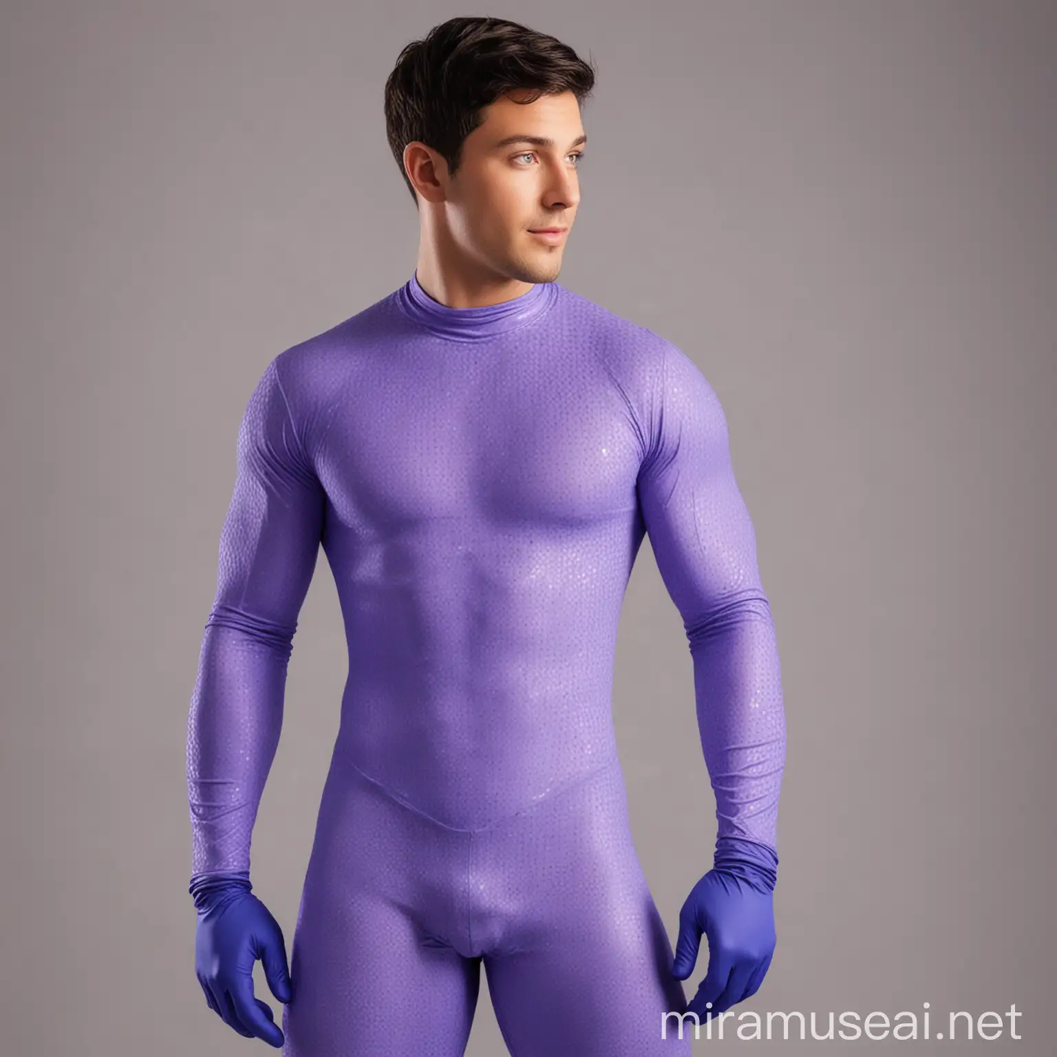 Handsome  27 year old American man, with short black hair; hazel eyes, pointed nose; wearing bright periwinkle hero spandex bodysuit and gloves with little honeycomb pattern; rear view.