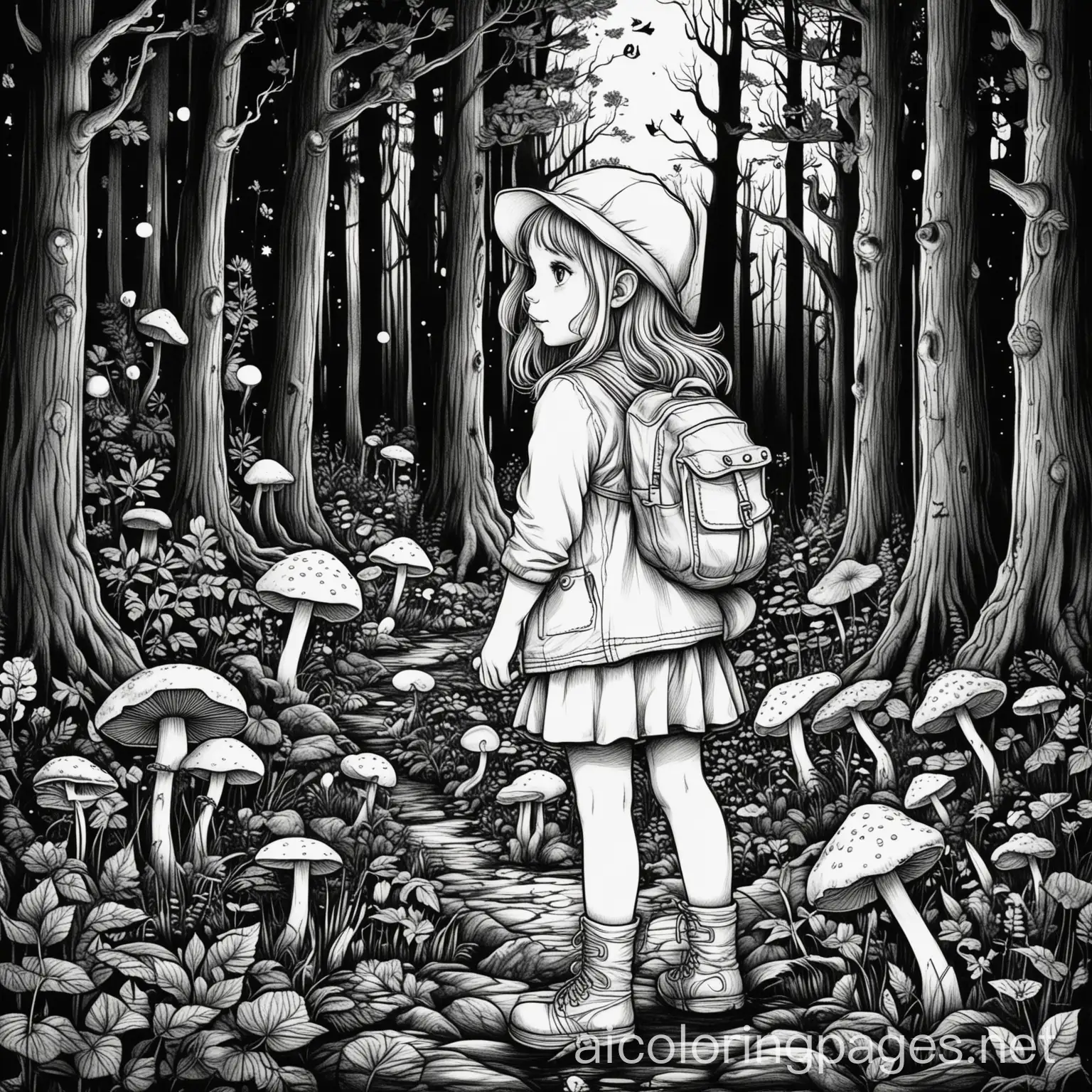 girl in forest at night looking for mushrooms, Coloring Page, black and white, line art, white background, Simplicity, Ample White Space. The background of the coloring page is plain white to make it easy for young children to color within the lines. The outlines of all the subjects are easy to distinguish, making it simple for kids to color without too much difficulty