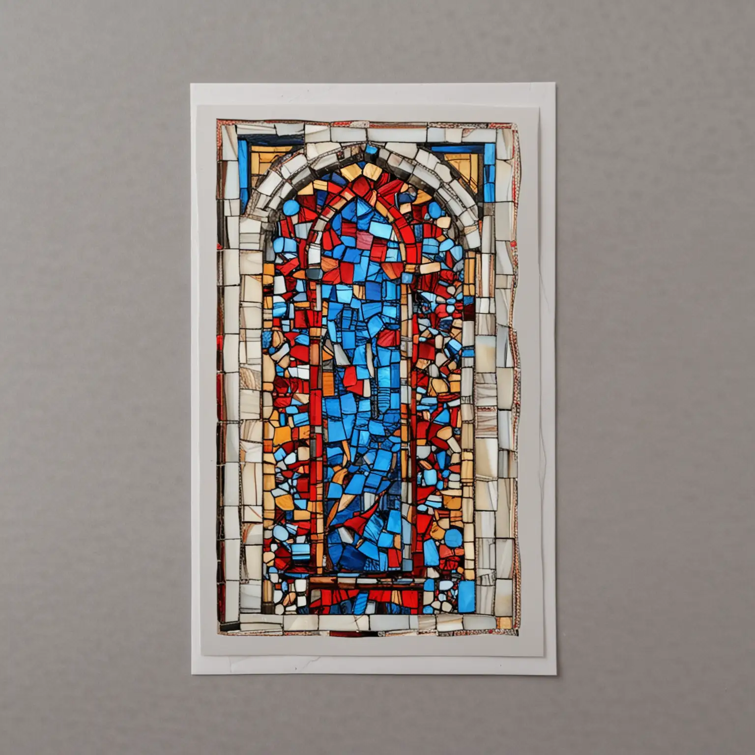 Greeting card 11.5 x 17 mm. Mosaic strip on left hand size of the card to be 1 cm wide x 16 cm long. To be stained glass design. Colors to be red and blue