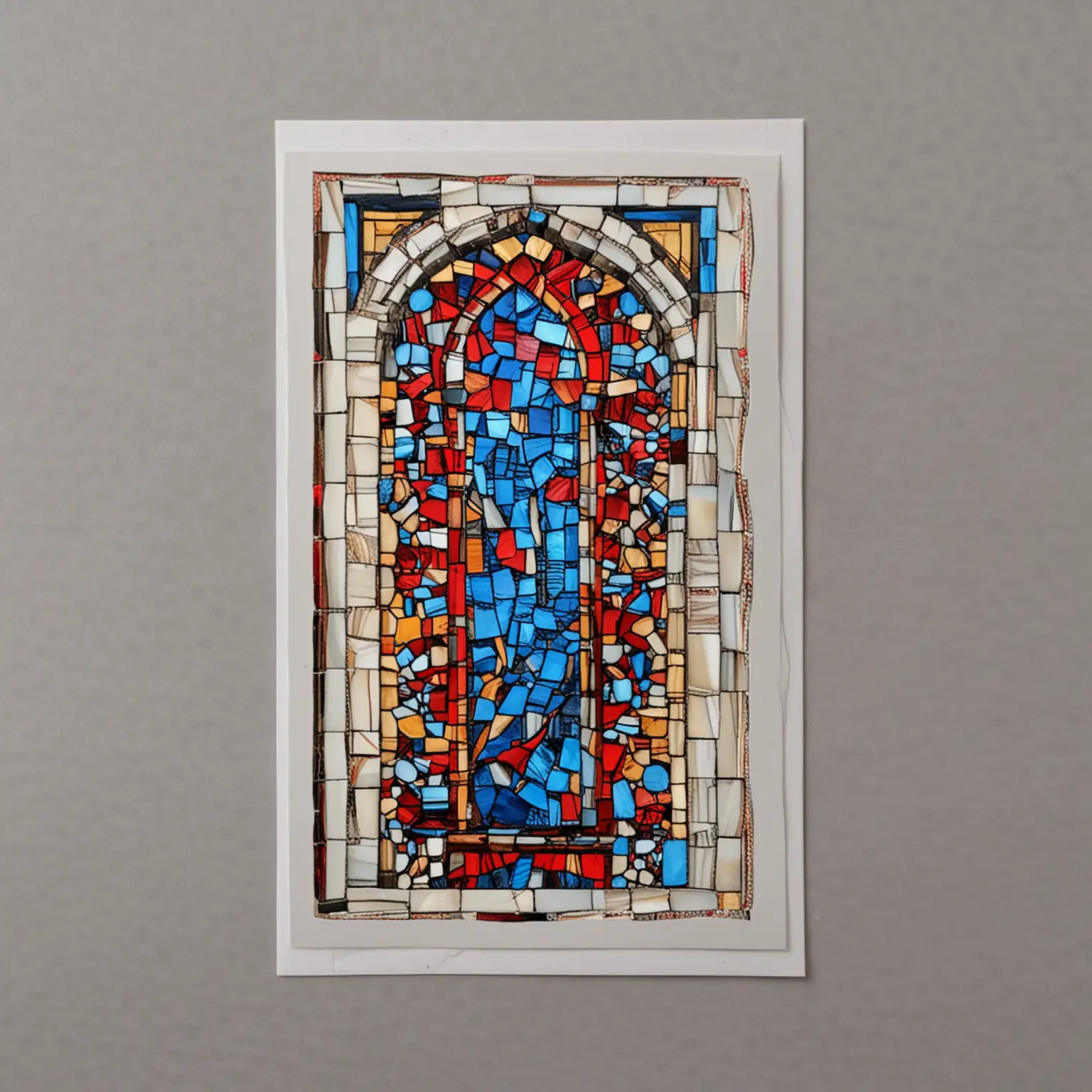 Greeting card 11.5 x 17 mm. Mosaic strip on left hand size of the card to be 1 cm wide x 16 cm long.  To be stained glass design.  Colors to be red and blue