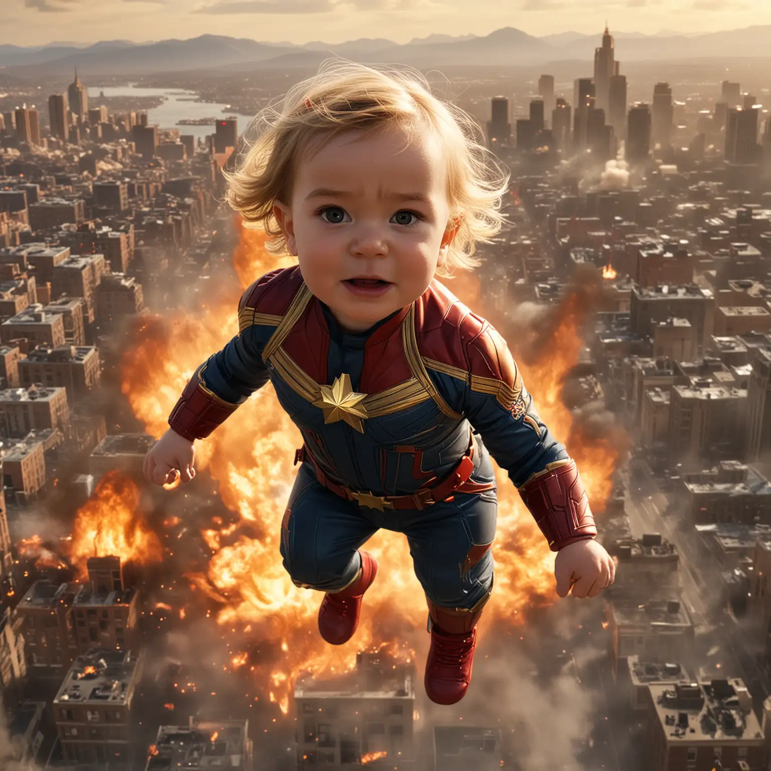 Toddler in Captain Marvel Costume Soaring Over Fiery Cityscape