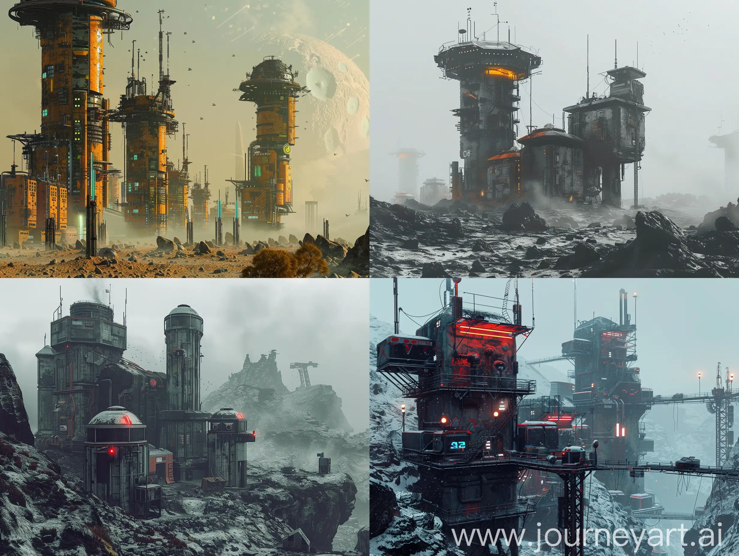a outpost in the middel of a Rocky world covered with artificial structures. The thin atmosphere consists mostly of industrial pollutants. There are strong energy emissions coming from across the entire surface, but no organic life signs., towering out posts, settlemnt, urban outpost, minimalist 