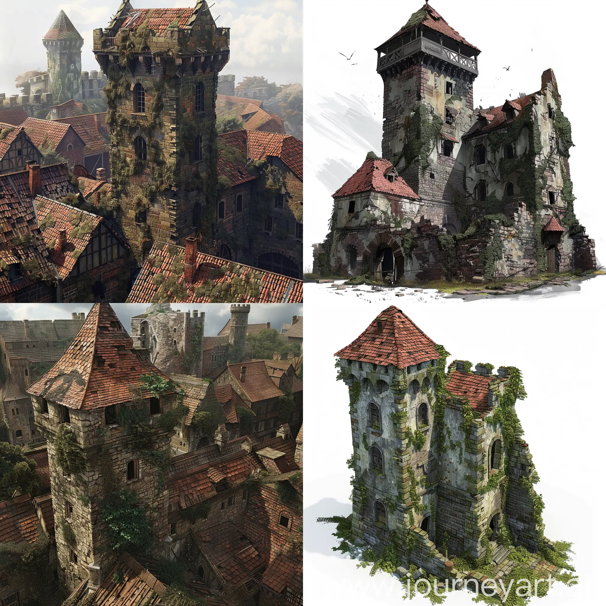 Medieval ruin; European style, elder overgrown bricks; ruined tower; red roofs