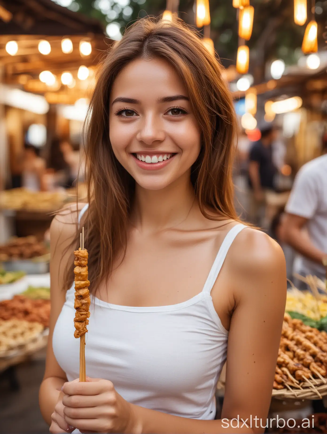 young woman, long brown hair, slim body, small breast, wearing white tank-top, close up, bokeh background, background of a market, cute pose, smiling, holding one satay stick