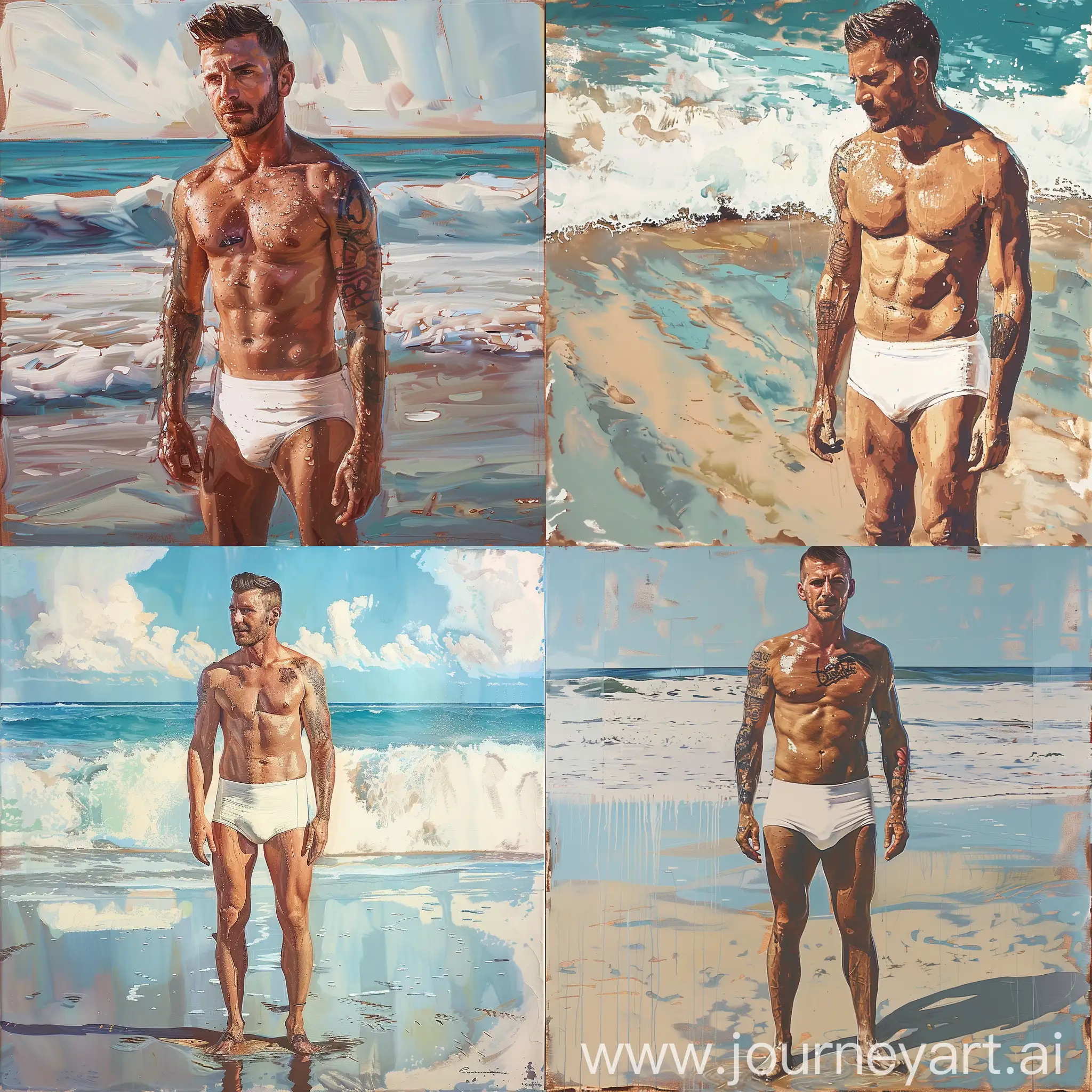 David Beckham stands in white short tight wet speedo on the beach, a painting in the style of the artist Andy Warhol