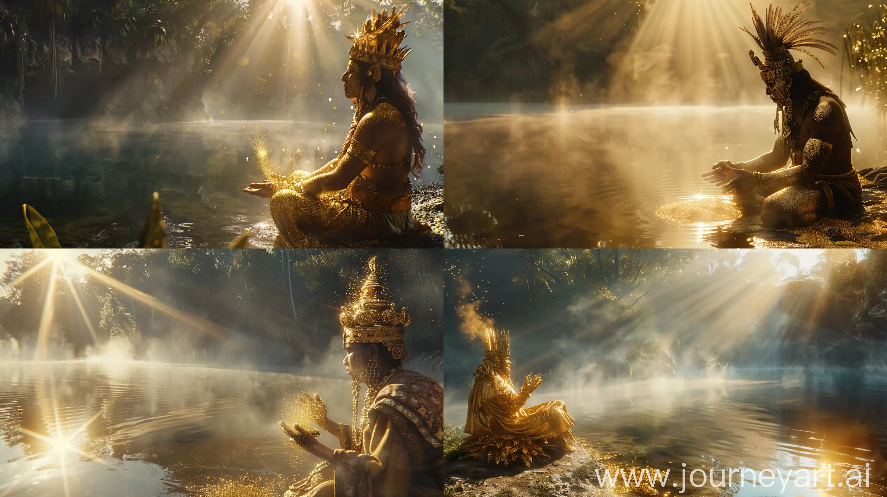 !mj1 El Dorado king adorned in shimmering gold dust, performing a sacred ritual by a mystical lake, cinematic depth of field akin to ARRI Alexa 65, sunbeams piercing through the mist, reflective water surface, grandiose atmosphere, epic scale, high resolution --ar 16:9 --v 6