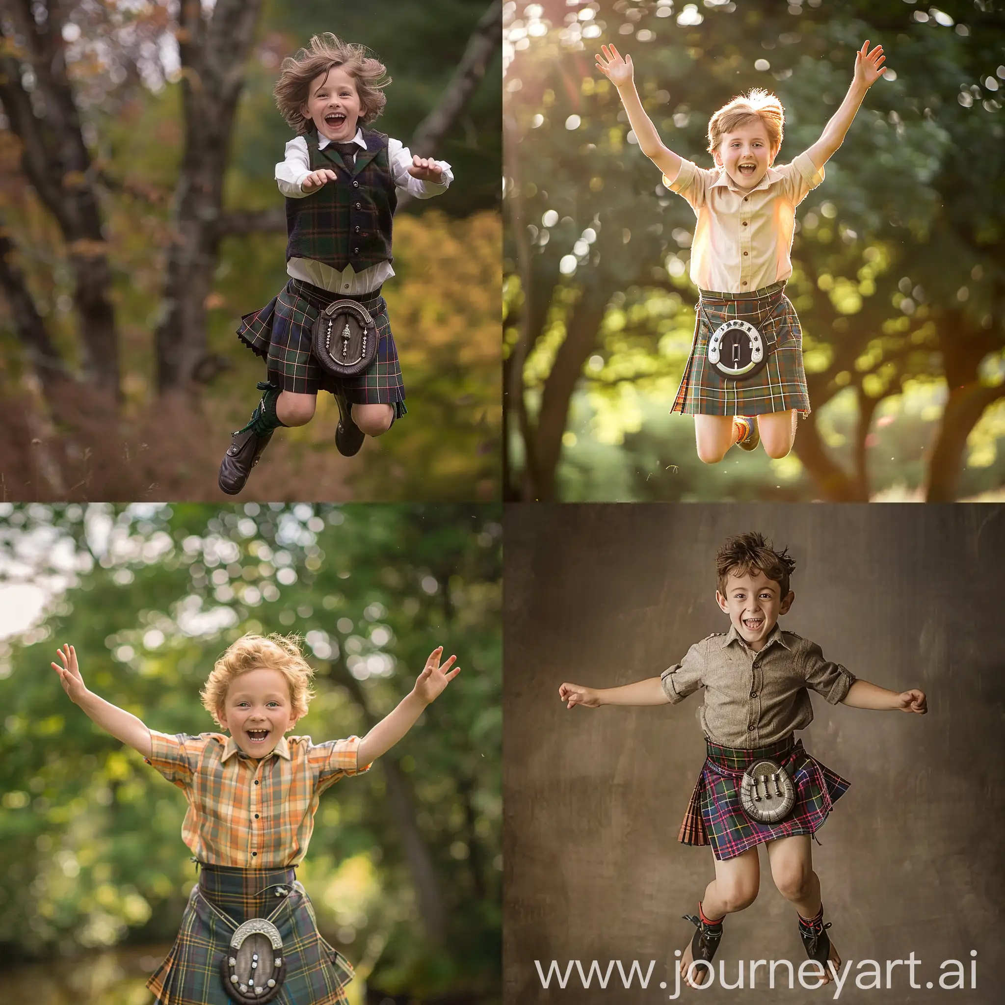 Photo of handsome boy in kilt jumping in air