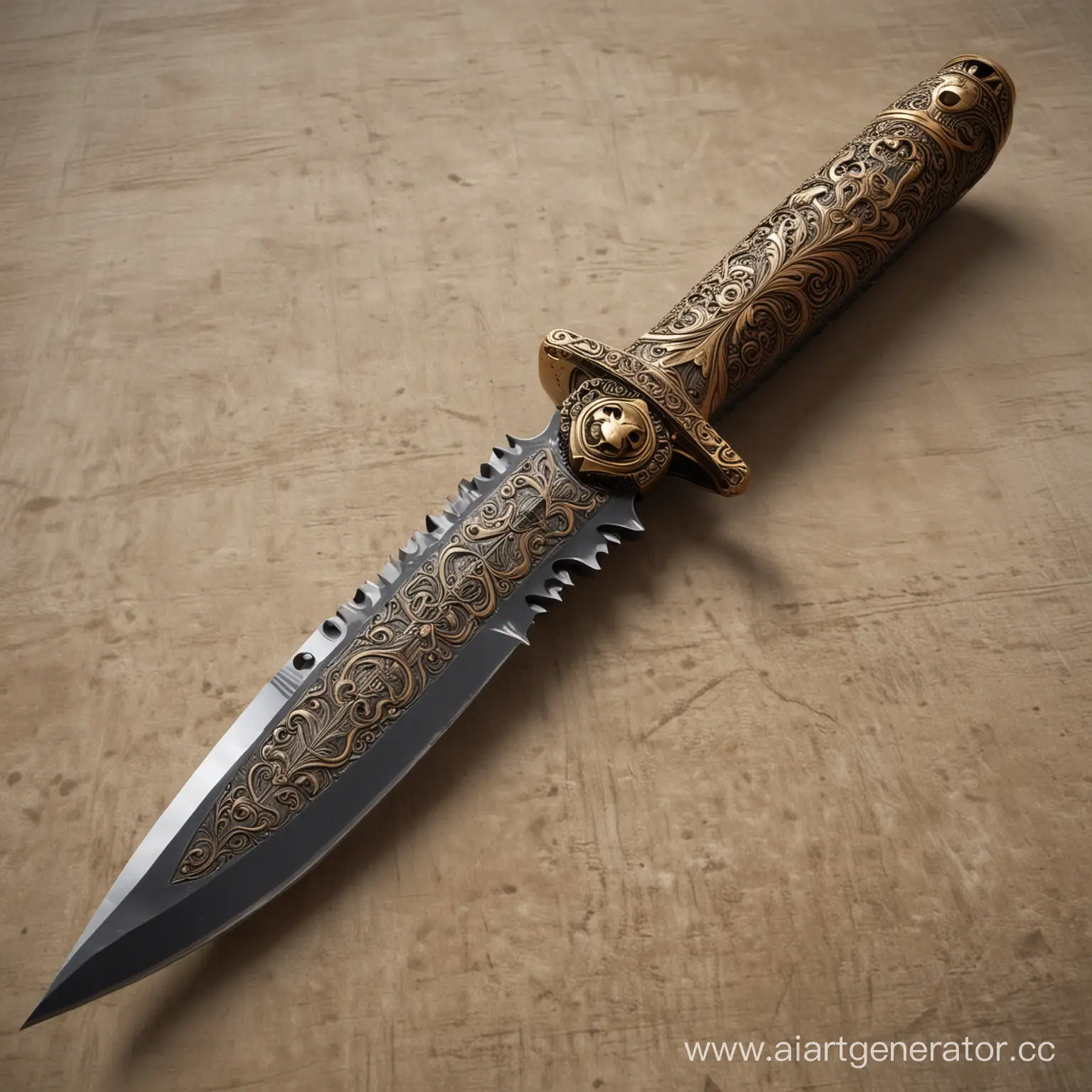 A combat knife with a handle decorated with bronze engraving!!!!! bear faces are visible on the handle!!!!((masterpiece)), ((best quality)).3d / photorealism /, High resolution, masterpiece:1.2), . glossy intricate design, ornate and smooth, magical three-dimensional details, fantasy., beautiful ornate details, super-complex details, super-detail, detailed and complex image, front light, octane, medium sharpness, high detail
