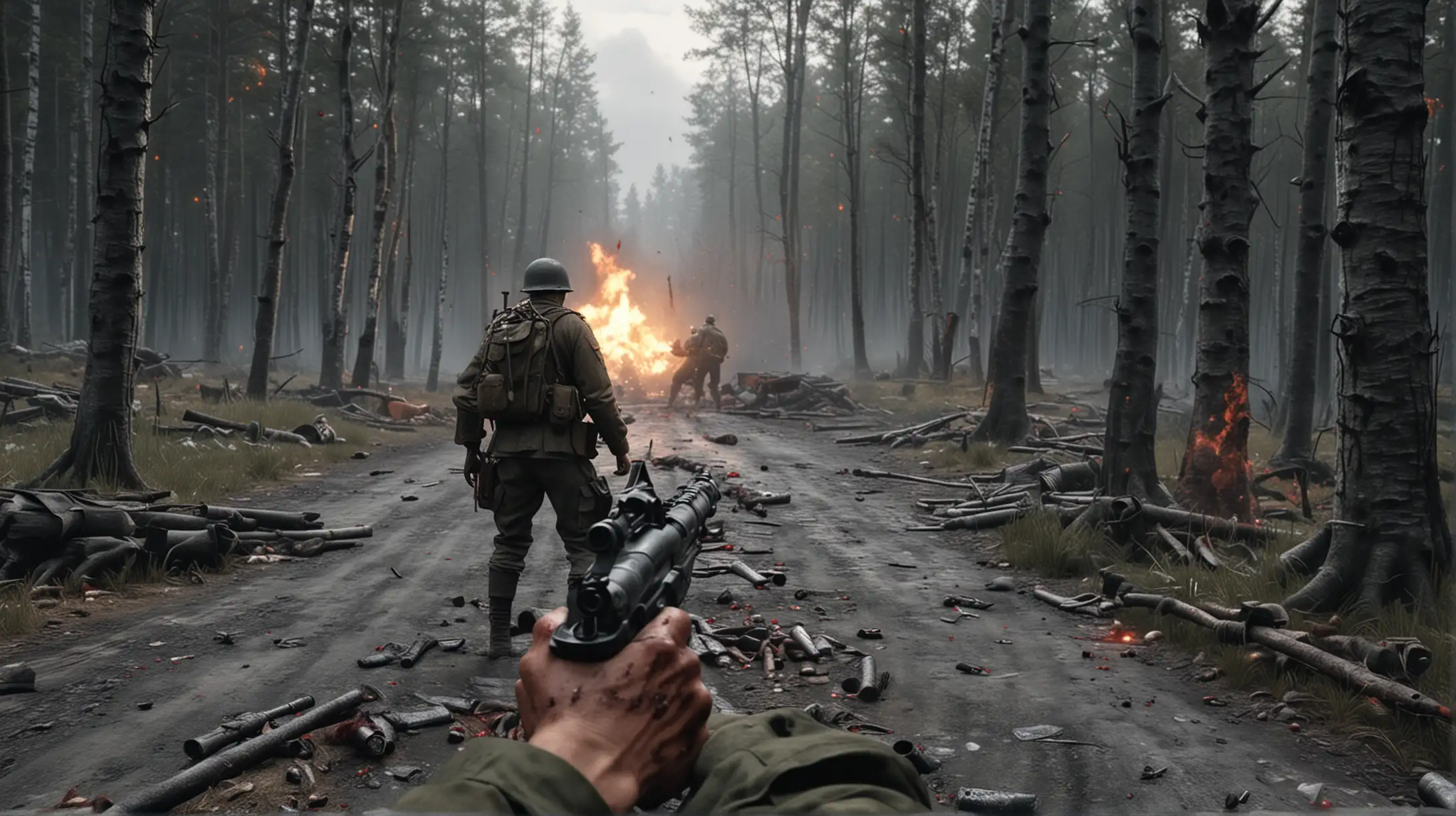 First Person POV Soldier Shooting Enemies in Bloody Battle of the Bulge