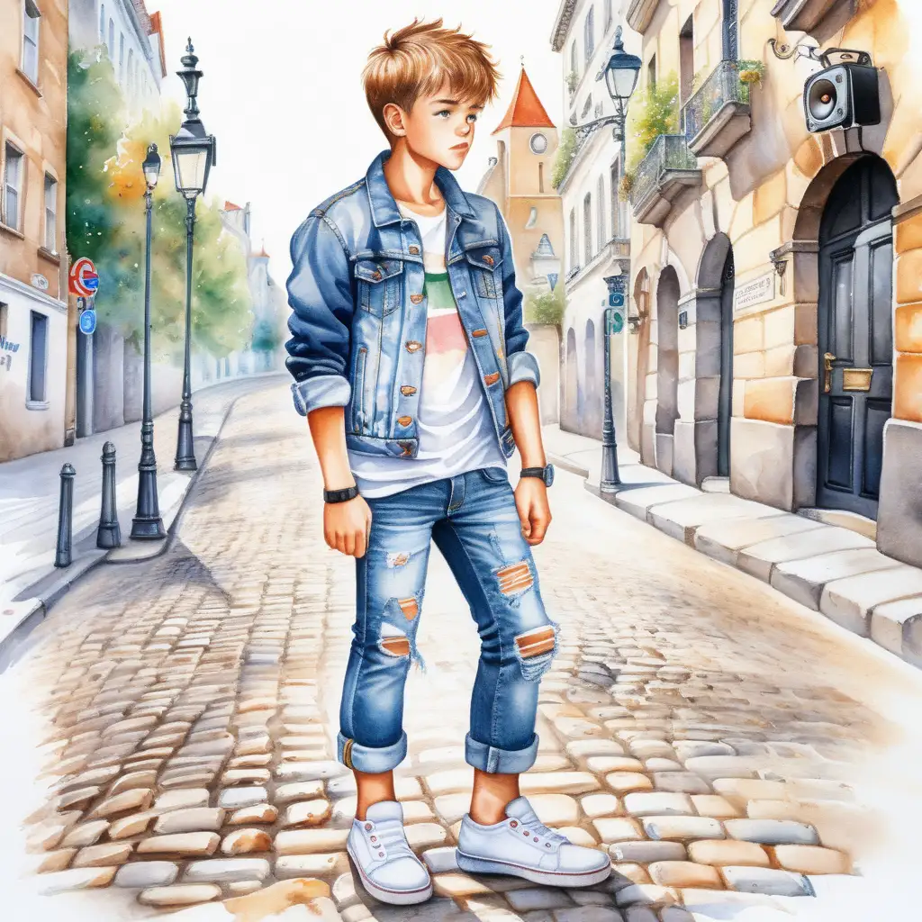Meticulous Boy in Ripped Jeans and Denim Jacket Stands on Cobblestone Street