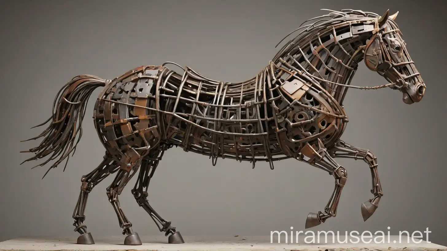 Design one exaggerated abstract horse, material: steel rebar, attitude uplifted, tailarea virtualized damaged shape