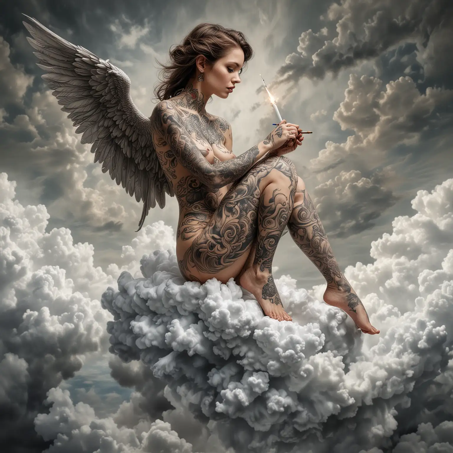 hyper realistic photography
a beautiful tattooed angel seated on a cloud and is drawing a human dream on a canvas 