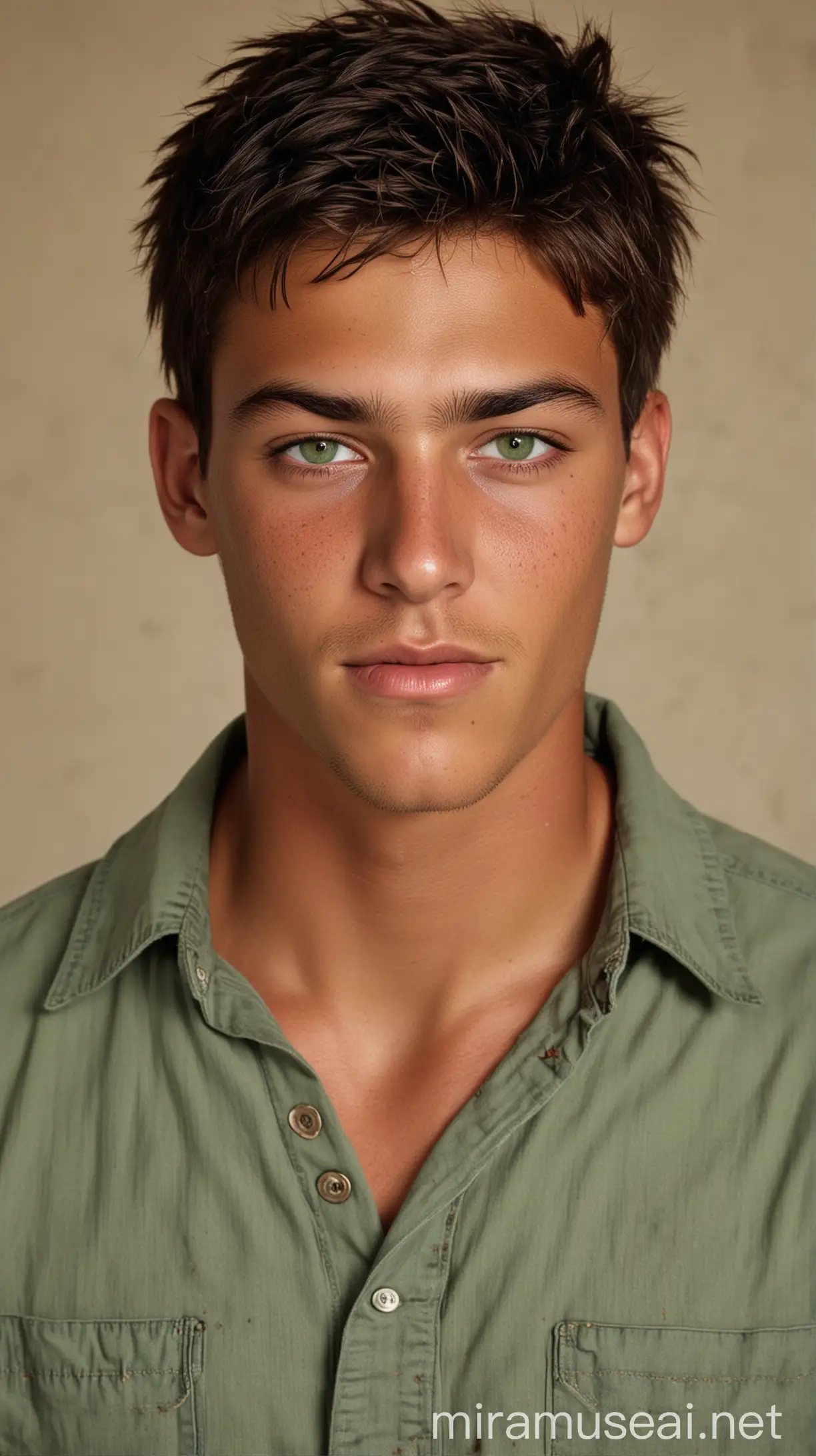 Handsome Teen with Tanned Skin and Green Eyes in Worn Clothing