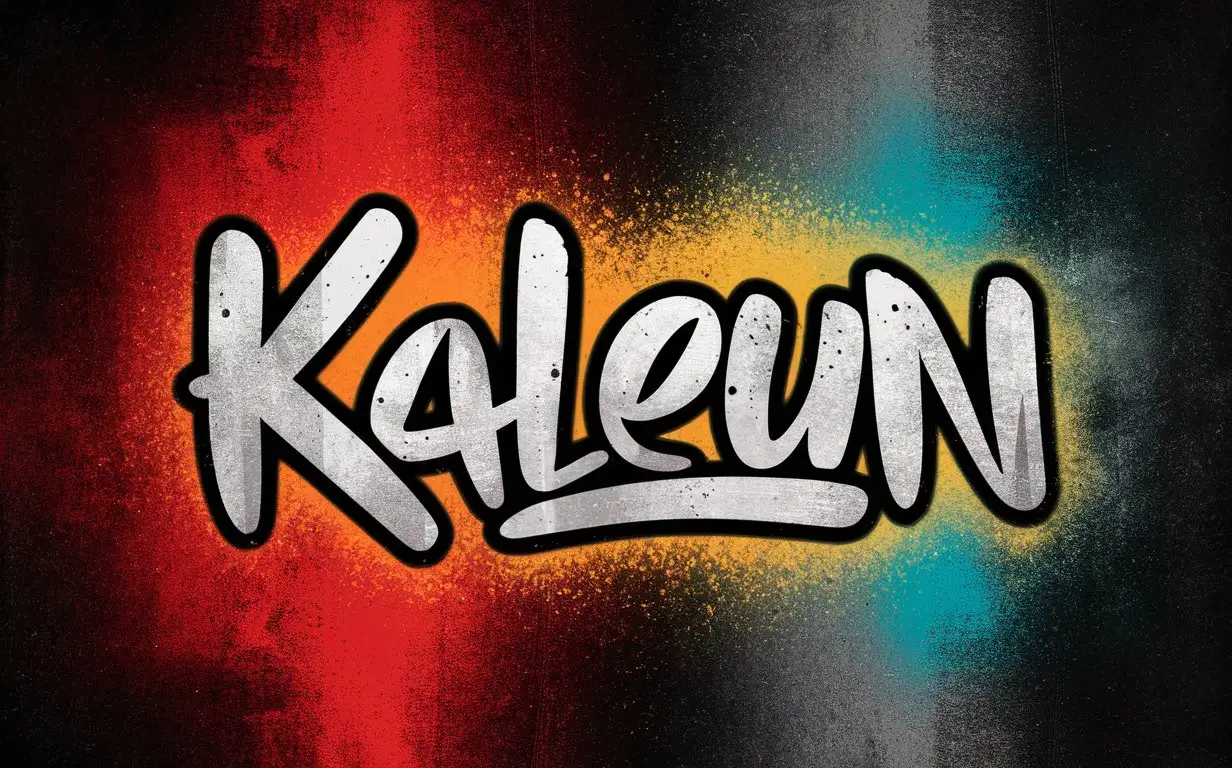 Le mot KALEUN avec un style assez sobre avec un style street graffiti asiatique avec des couleurs primaires. Fonf noir dégradé sombre