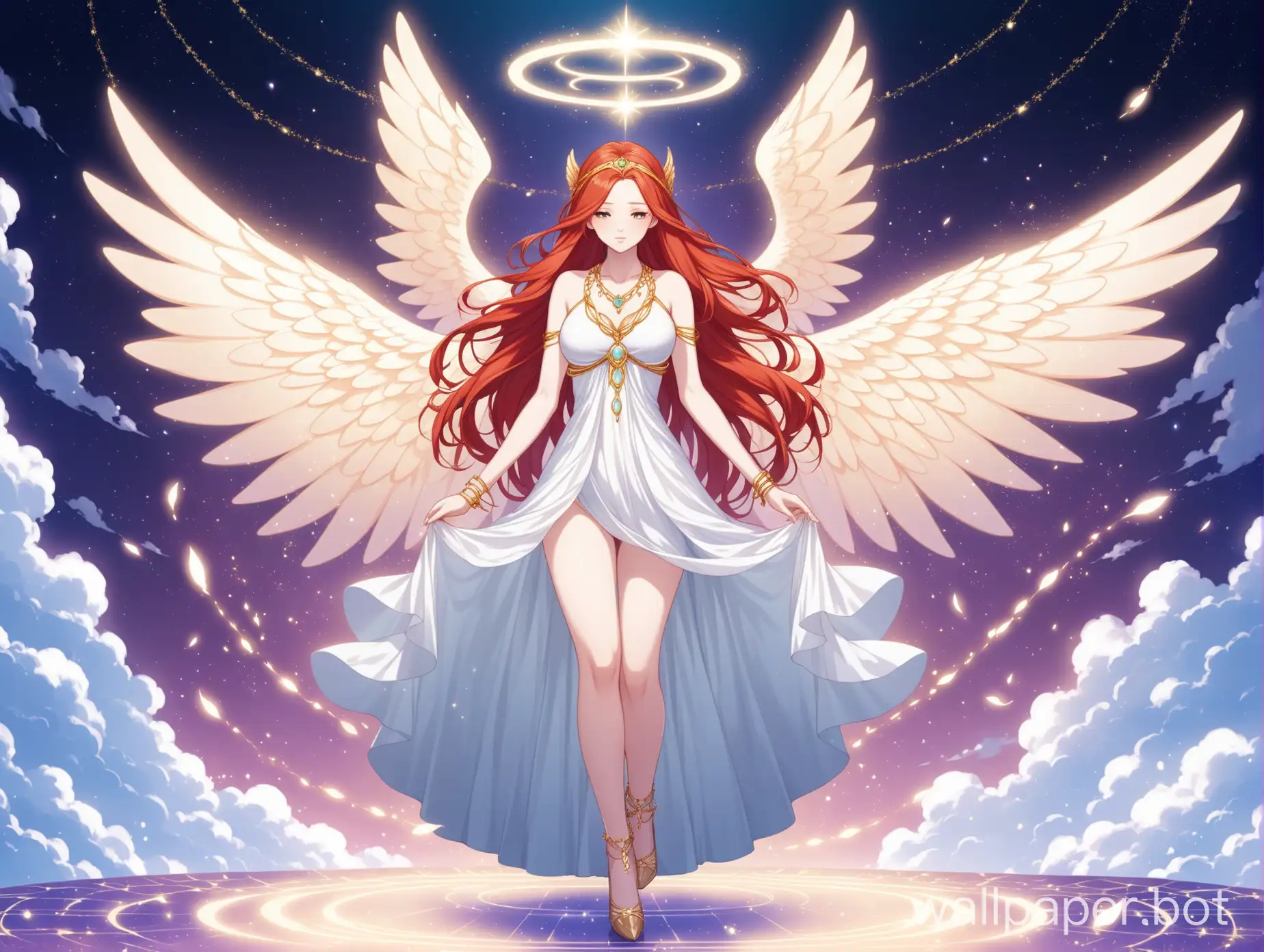 young redhead female with hera goddess dress. heels. lean body. big chest. AETHEREAL background. levitate. soft anime style. porcelain skins. big wings. halo. necklace. bracelet.