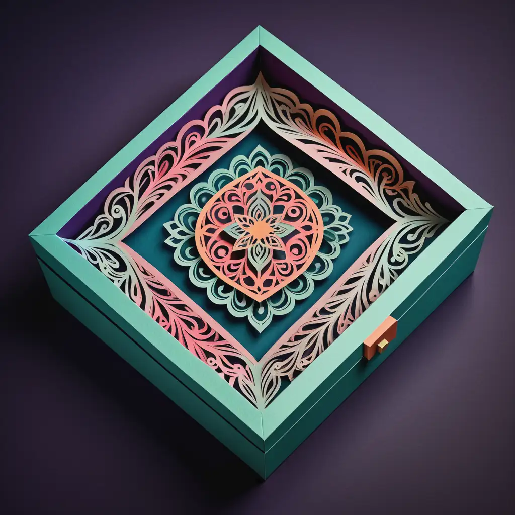 indian decorative box opened in it velvet cushion on which lie 2 rings on dark background ,paper cutting, color paper , ,2d laser cut paper illustration, layered paper high detail colored paper beautiful pastel colors, flat minimalistic papercut image