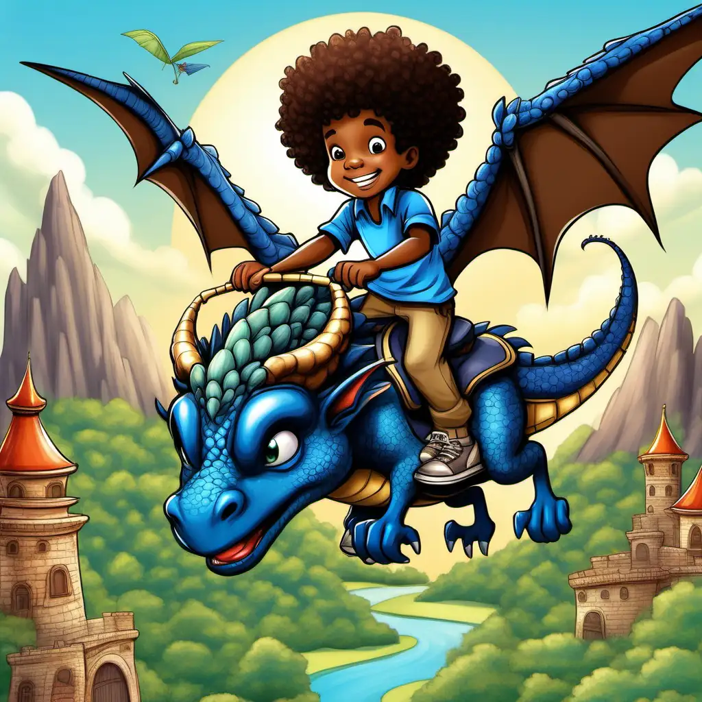 cartoon african american 5 year old little boy with big curly afro and dark brown eyes wearing a blue shirt and riding on the back of a friendly dragon, flying over a fantasy kingdom