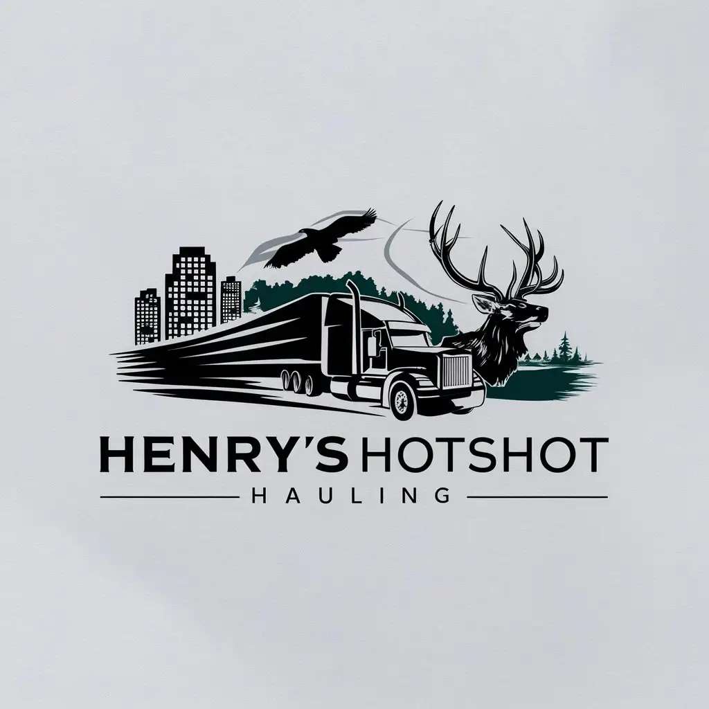 a logo design,with the text "Henry’s Hauling Hotshot", main symbol:a logo design,with the text 'HENRY’S Hotshot Hauling', main symbol:A semi truck rips through two contrasting scapes, the truck is heading from the city on one side to the other side which is a calm and serene natural landscape with a mature elk buck with a large rack and a flying golden eagle, be used in Trucking industry,clear background,Minimalistic,clear background