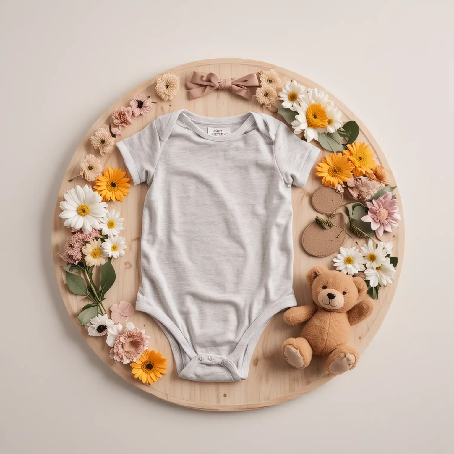 Flat lay image of a baby onesie with a round felt board, decorative flowers, a teddy bear, suitable for baby announcement, white background, 
aesthetically pleasing