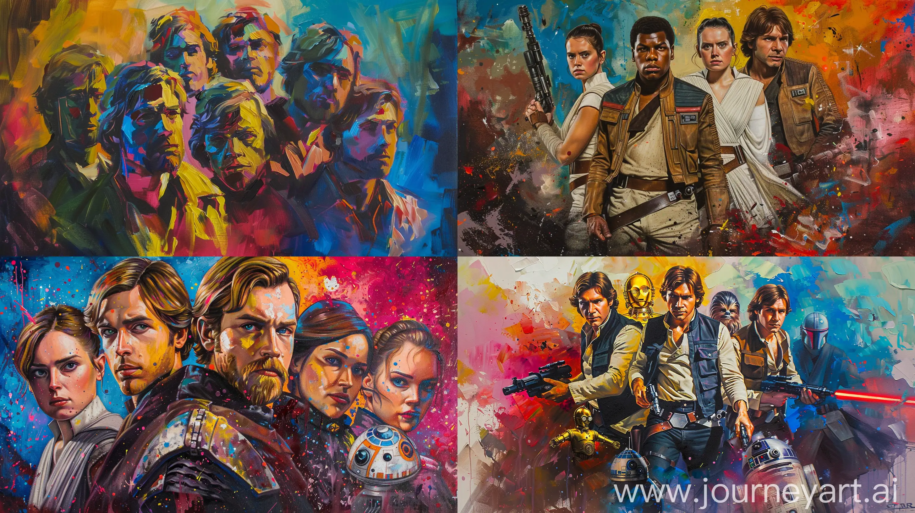 oil painting of friends cast in star wars style with a color palette of bright colors --ar 16:9 --c 5
