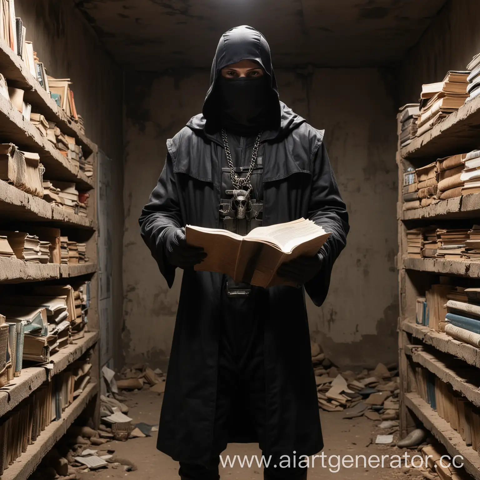 сталкер Кхорнит одетый в черный плащ и балаклаве, стоя в бункере держит книгу в одной руке и читает ее