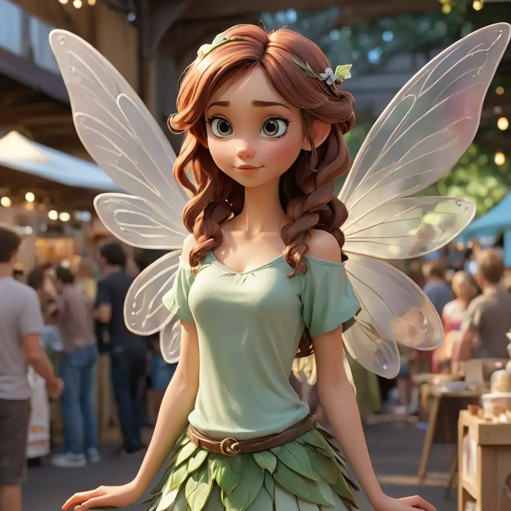 A beautiful fairy, 3D, Disney Style, large fairy wings, a t-Shirt, standing at an art fair