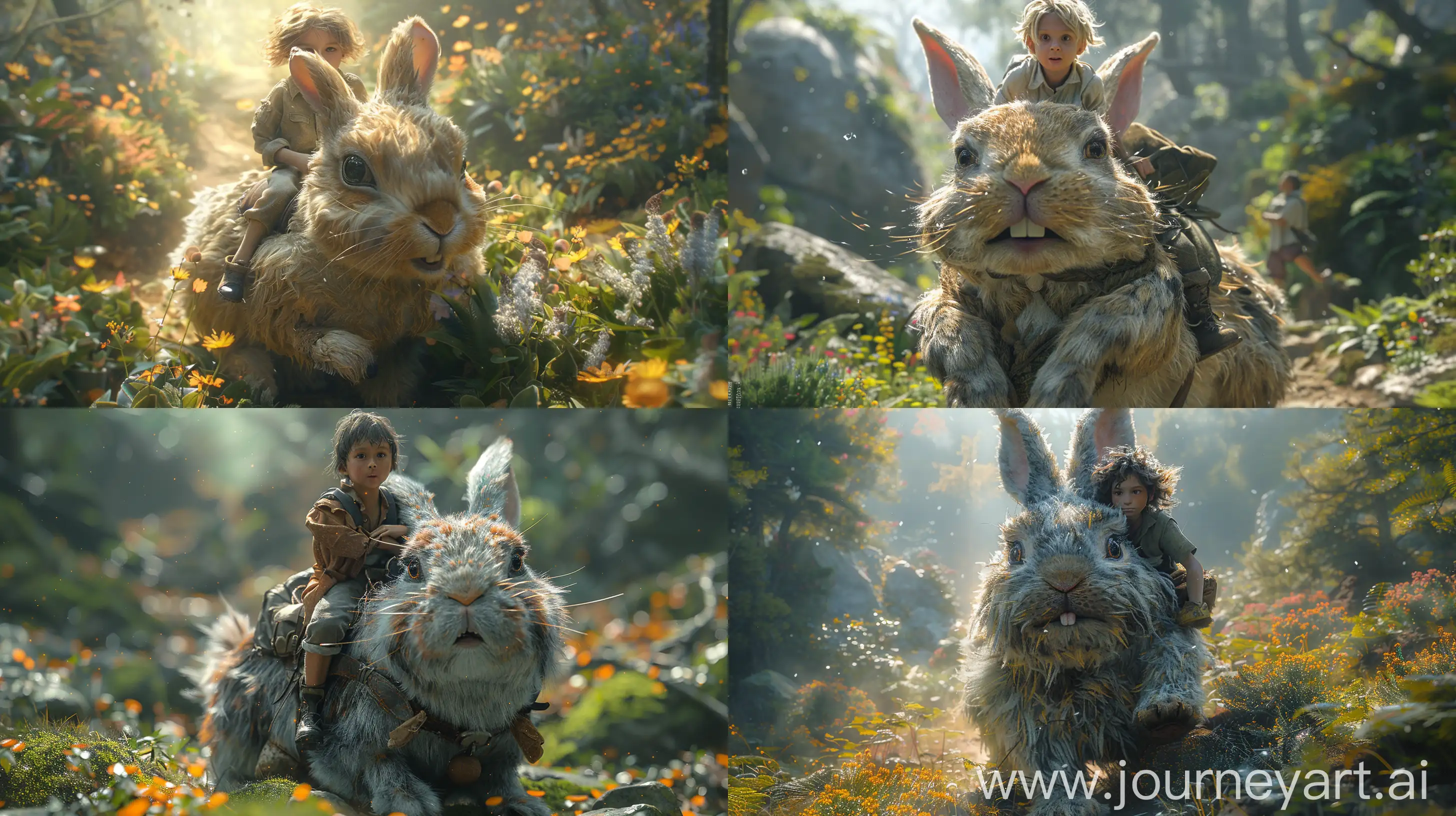 a photorealistic very detailed image a young boy riding a giant bunny in a magical forest. They are good friends. they are on a mission. --ar 16:9 --s 1000 