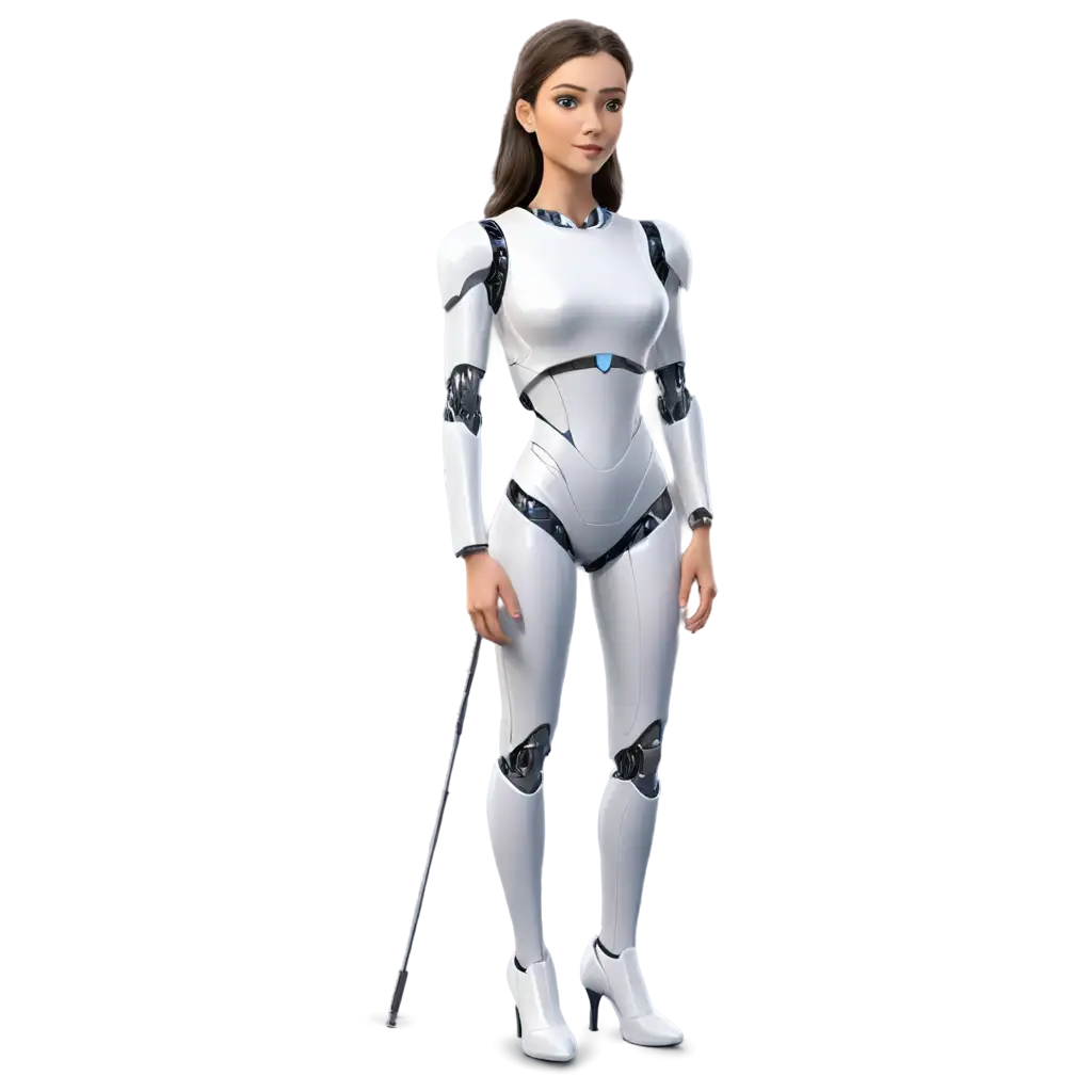 Front side Cartoon Illustration of a standing female Robot, looks slightly human.