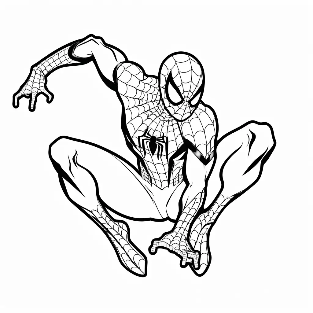 Spiderman , Coloring Page, black and white, line art, white background, Simplicity, Ample White Space. The background of the coloring page is plain white to make it easy for young children to color within the lines. The outlines of all the subjects are easy to distinguish, making it simple for kids to color without too much difficulty
