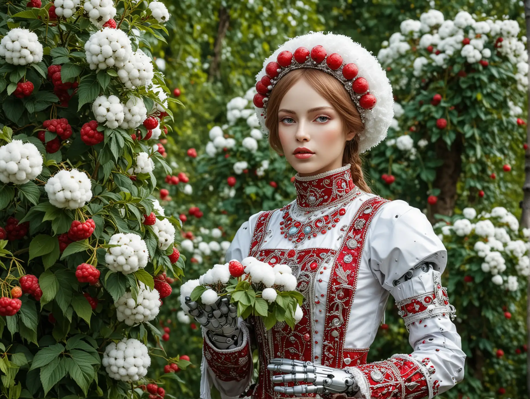 Russian-Female-Robot-in-Kokoshnik-Costume-Amidst-Raspberry-Garden-and-Snowball-Tree