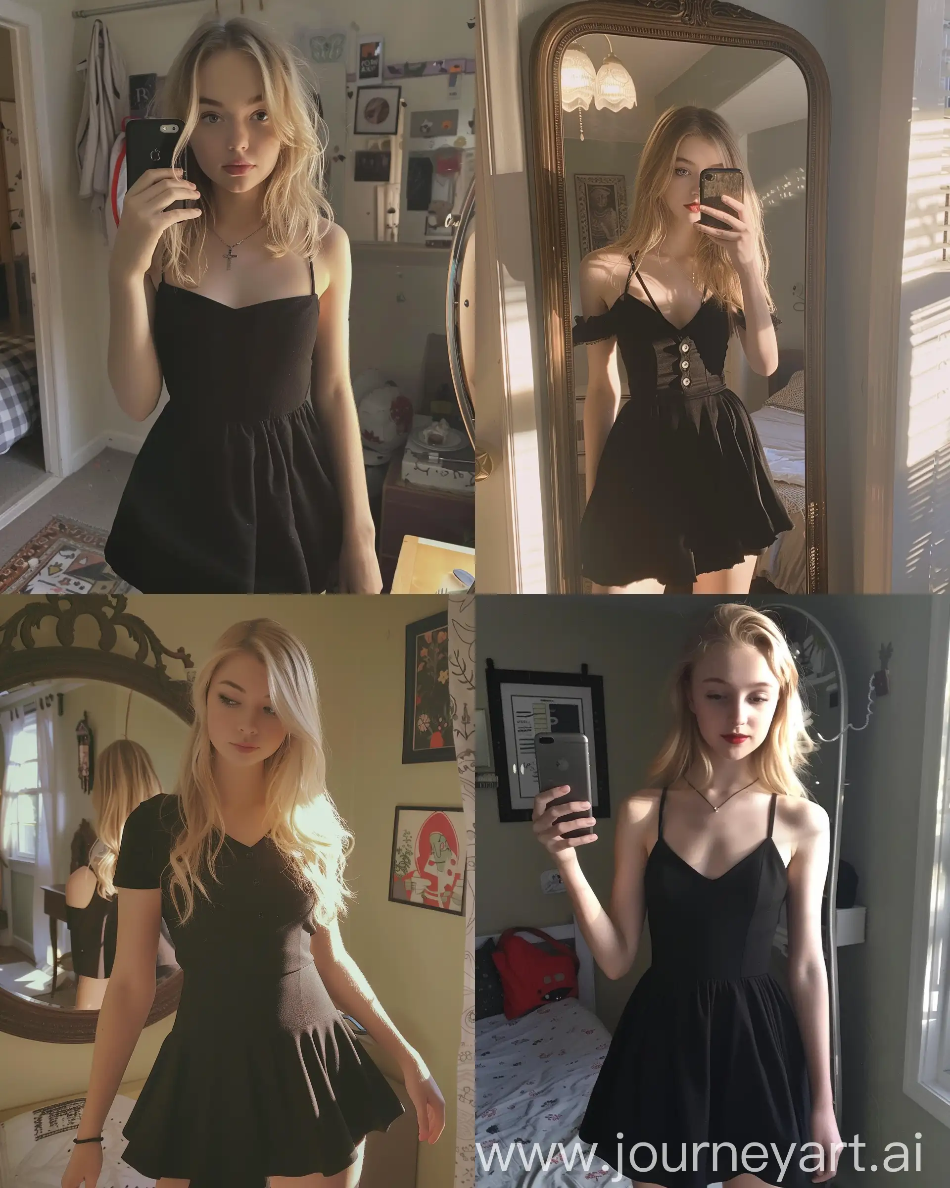 a typical Instagram selfie of a young girl taken in her room. The girl is blonde, wears a nice black dress at takes an iPhone shot in front of the mirror. The lighting in the room is bad, the image is a little blurry and of low quality. --ar 4:5 --style raw --v 6.0