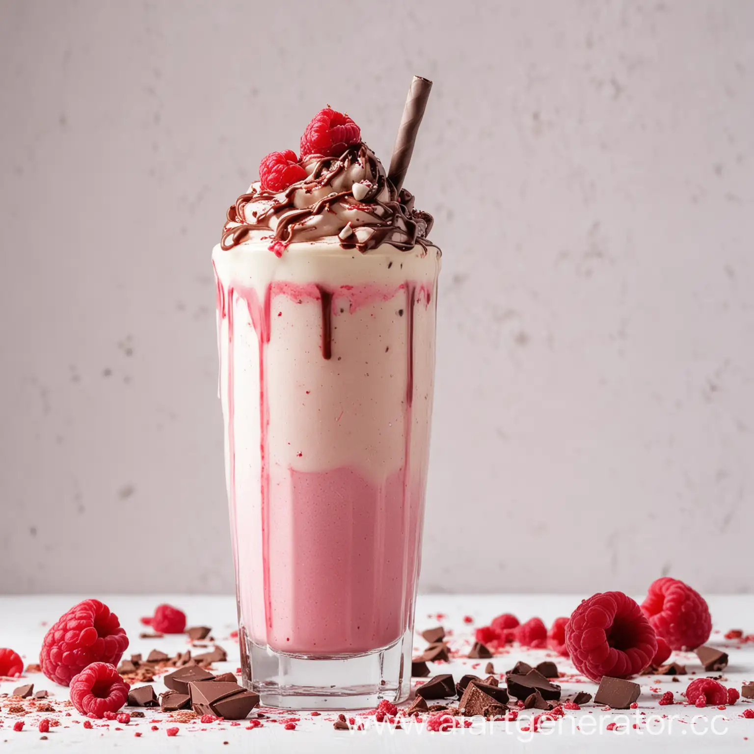 Make a picture with a raspberry latte milkshake, milkshake background in a white shade, uniform white background, without unnecessary details, studio photo, make it appetizing, with syrup, colorful crumbs on top, and bottom with chocolate and raspberry topping and overflows of milk and coffee, add bubl there