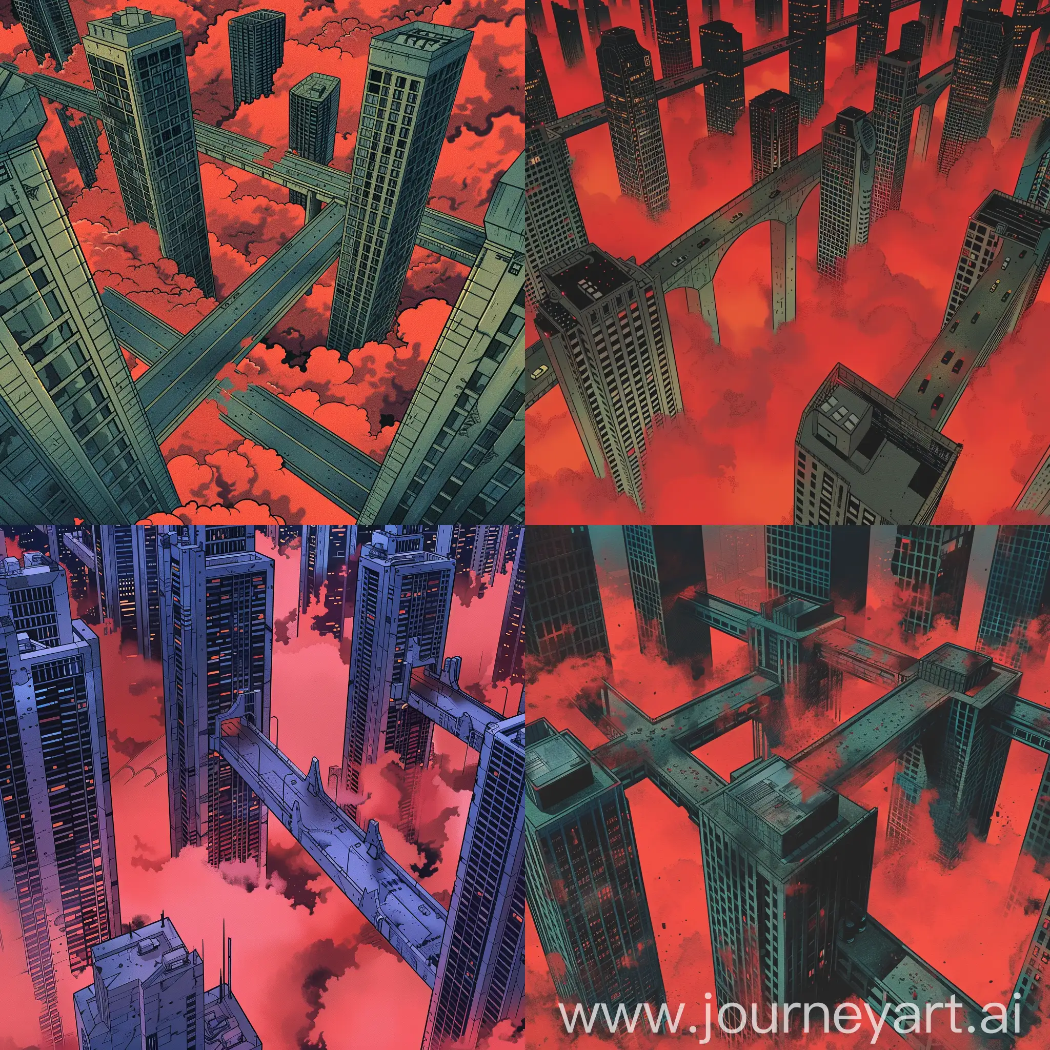 comics style, red fog, many skyscrapers, Concrete bridges are built between skyscrapers