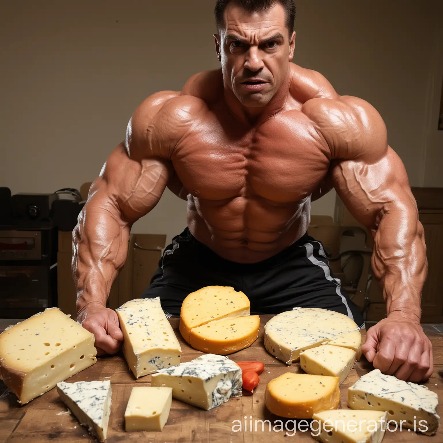 an angry muscle hunk daddy bodybuilder, feeding you a huge amount of cheese