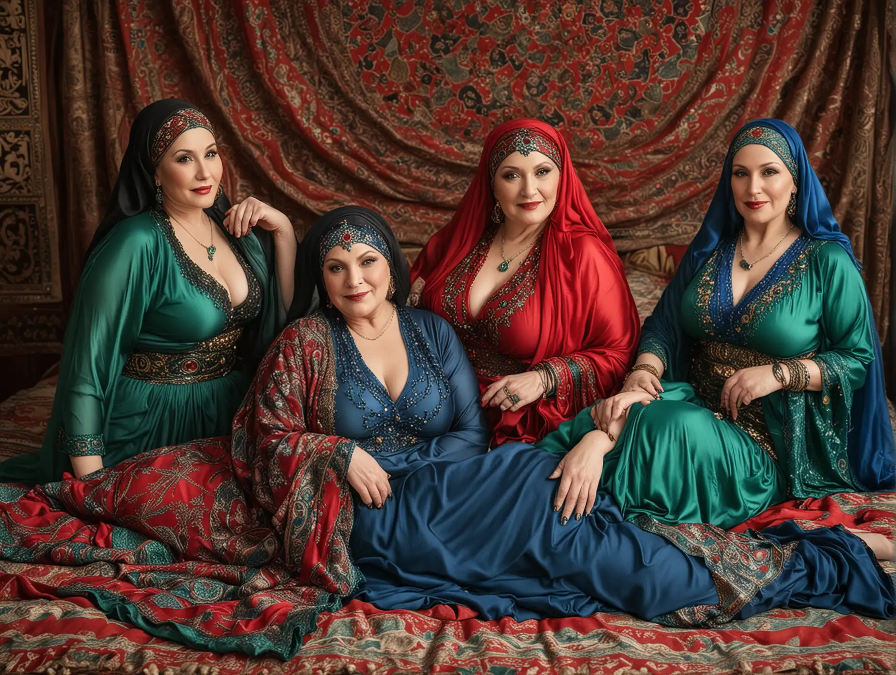 4 female women, bellydancers, over 60 years old, senior chubby plus-size women, wearing hijab and bellydance bikini costumes, 1 green 1 blue 1 red and 1 black , lying on a large bed in oriental ambient