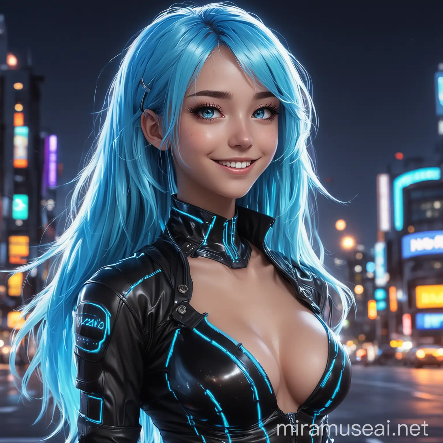 Smiling anime girl, long neon blue hair, wearing black tron suit with neon blue lights, cleavage, Futuristic neon blue light city, blurry background, anime wallpapers ltg xhg ltg, in the style of digital neon, speedpainting, cyan and black, hyper-realistic pop, cryptopunk, detailed character illustrations, rounded, starring directly into the camera with a smile