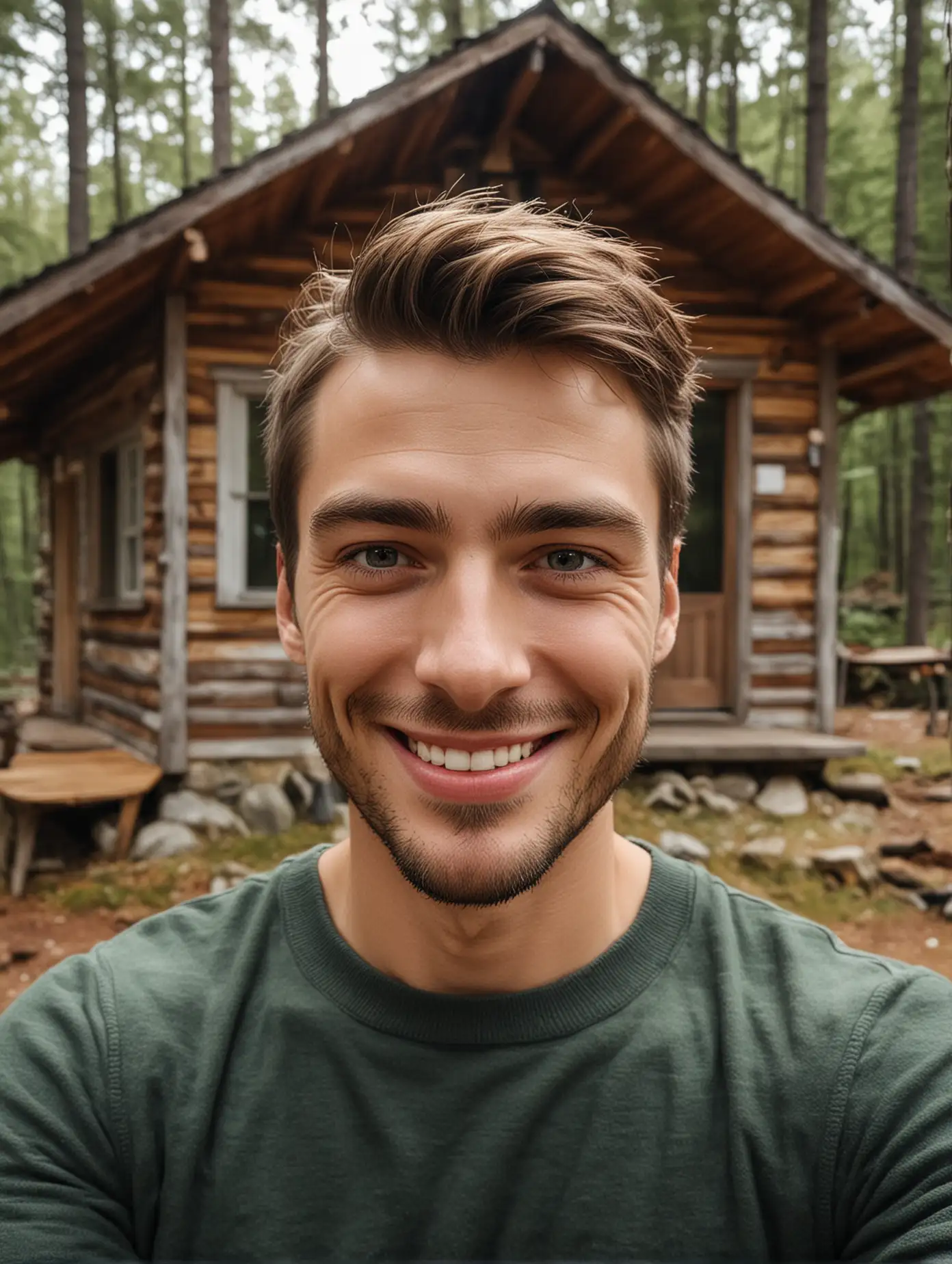 The handsome guy takes a photo with the cabin in the forest where she lives, smiling at the camera, with delicate facial features,
