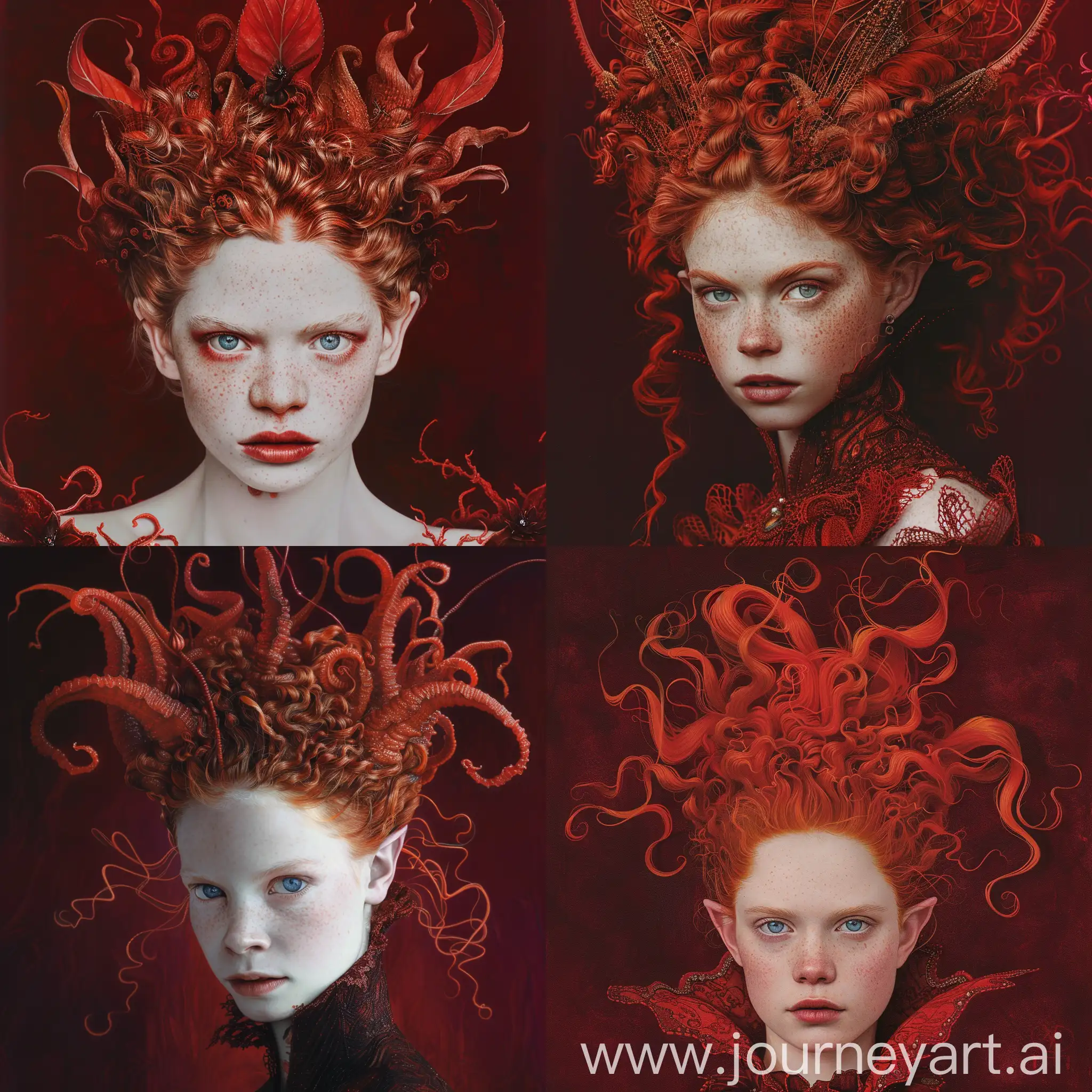 A highly detailed portrait of a young woman with pale skin, piercing blue eyes and wild, fiery red curls styled in an elaborate updo, her expression one of regal power and determination, set against a deep crimson background --v 6.0