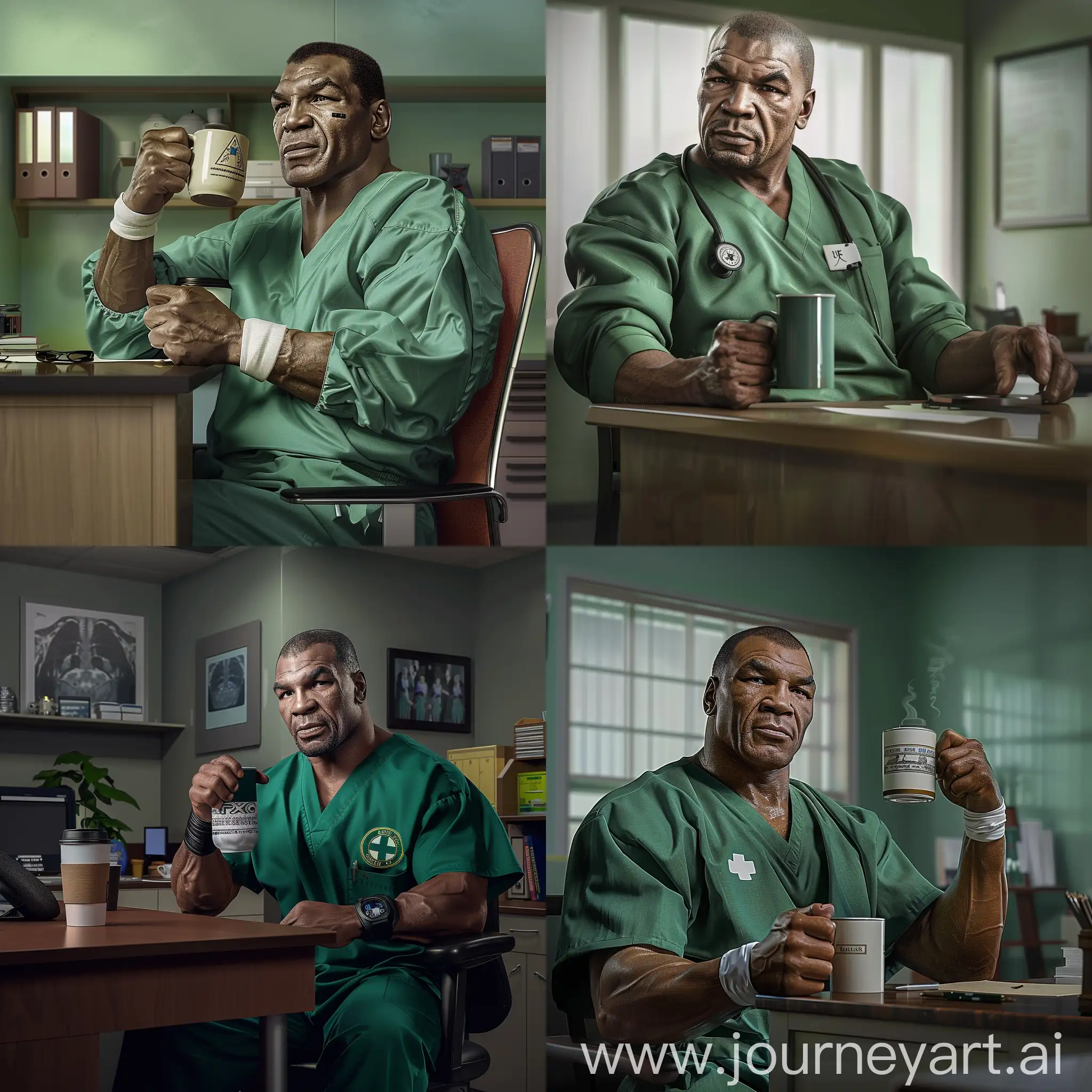 Mike Tyson in a green medical operating uniform is sitting at an office desk and holding a mug of coffee, portrait, photorealistic  