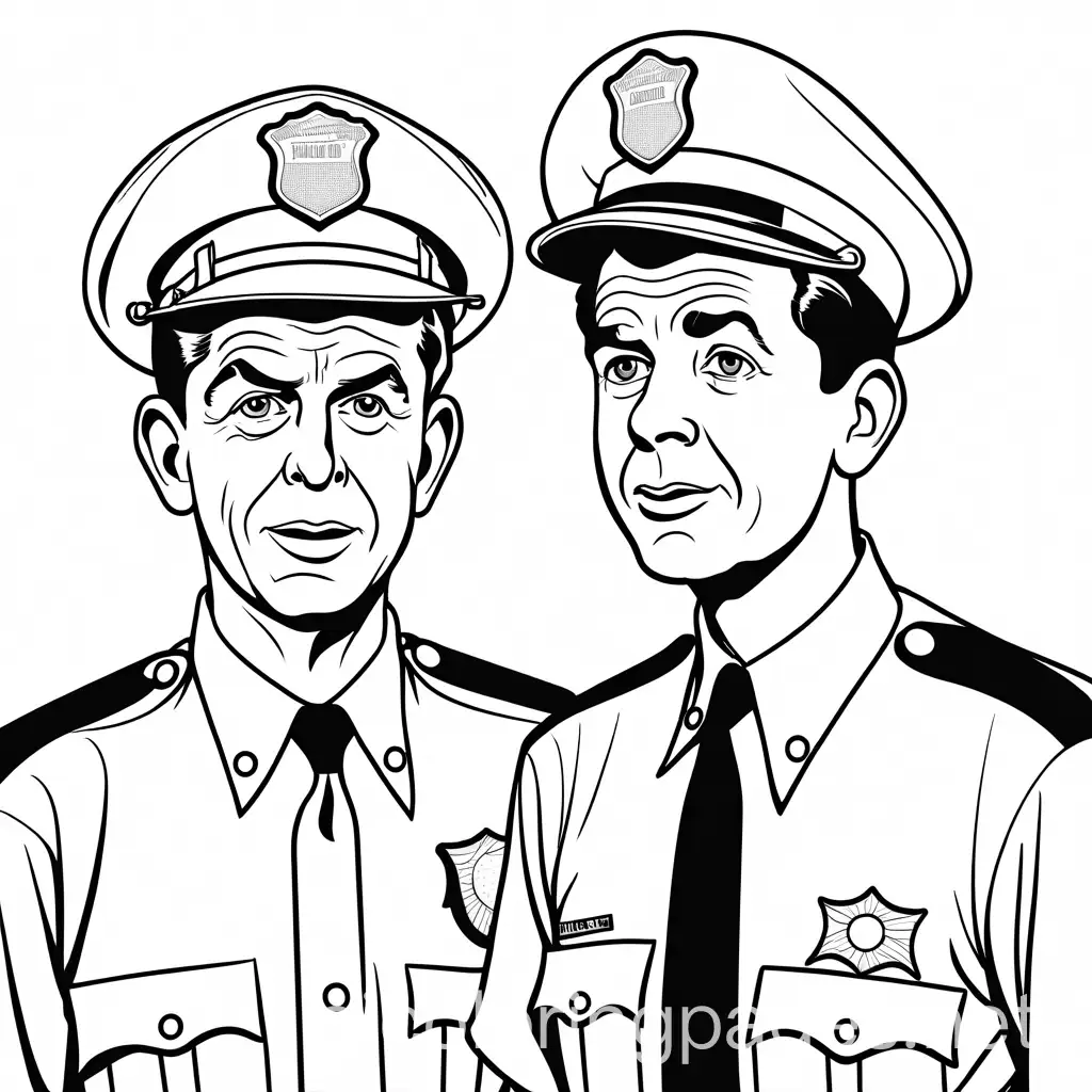 andy griffith and barney fife, Coloring Page, black and white, line art, white background, Simplicity, Ample White Space. The background of the coloring page is plain white to make it easy for young children to color within the lines. The outlines of all the subjects are easy to distinguish, making it simple for kids to color without too much difficulty