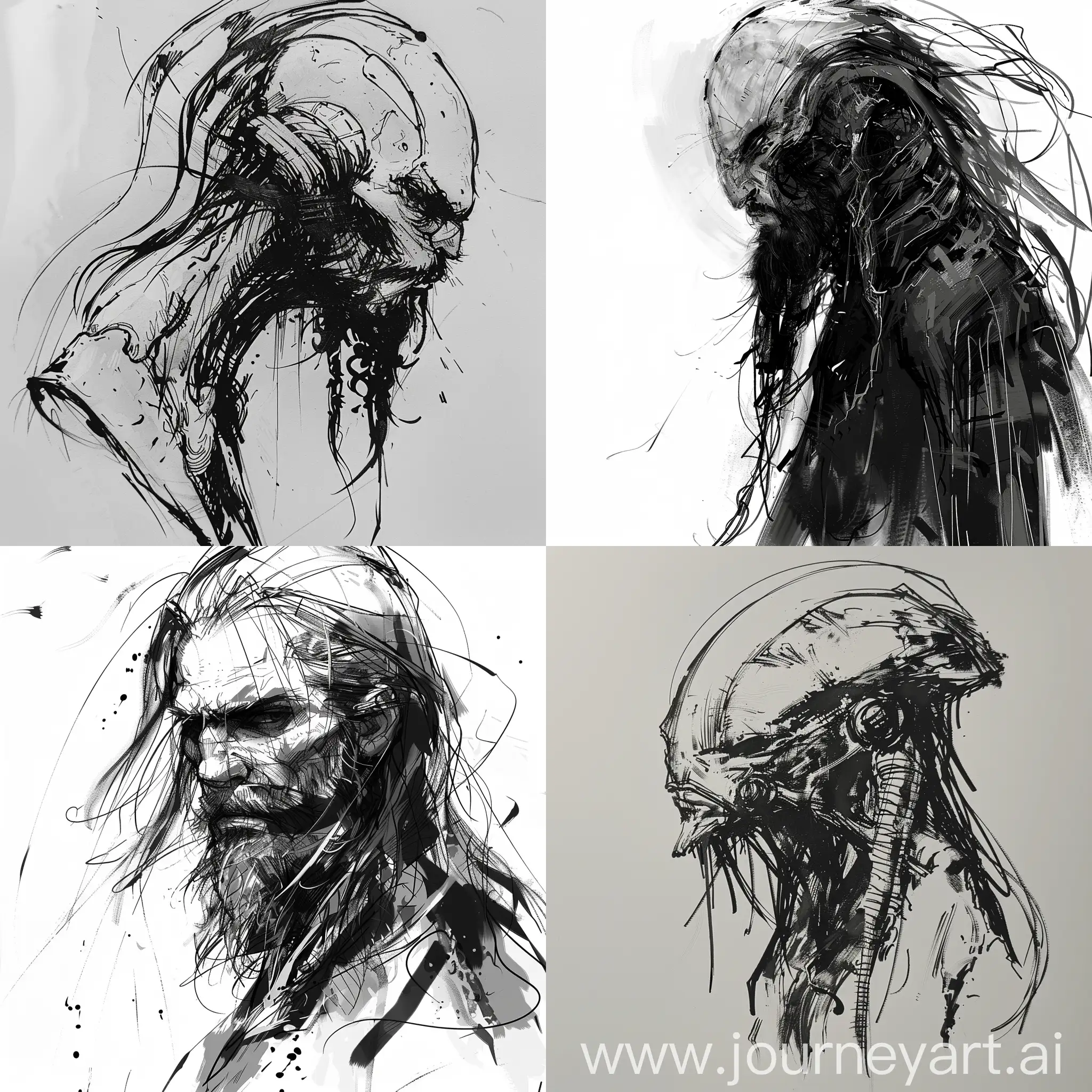 a alien with long hair and short beard, inkpunk sketch, yoji shinkawa graphic complexed sketch